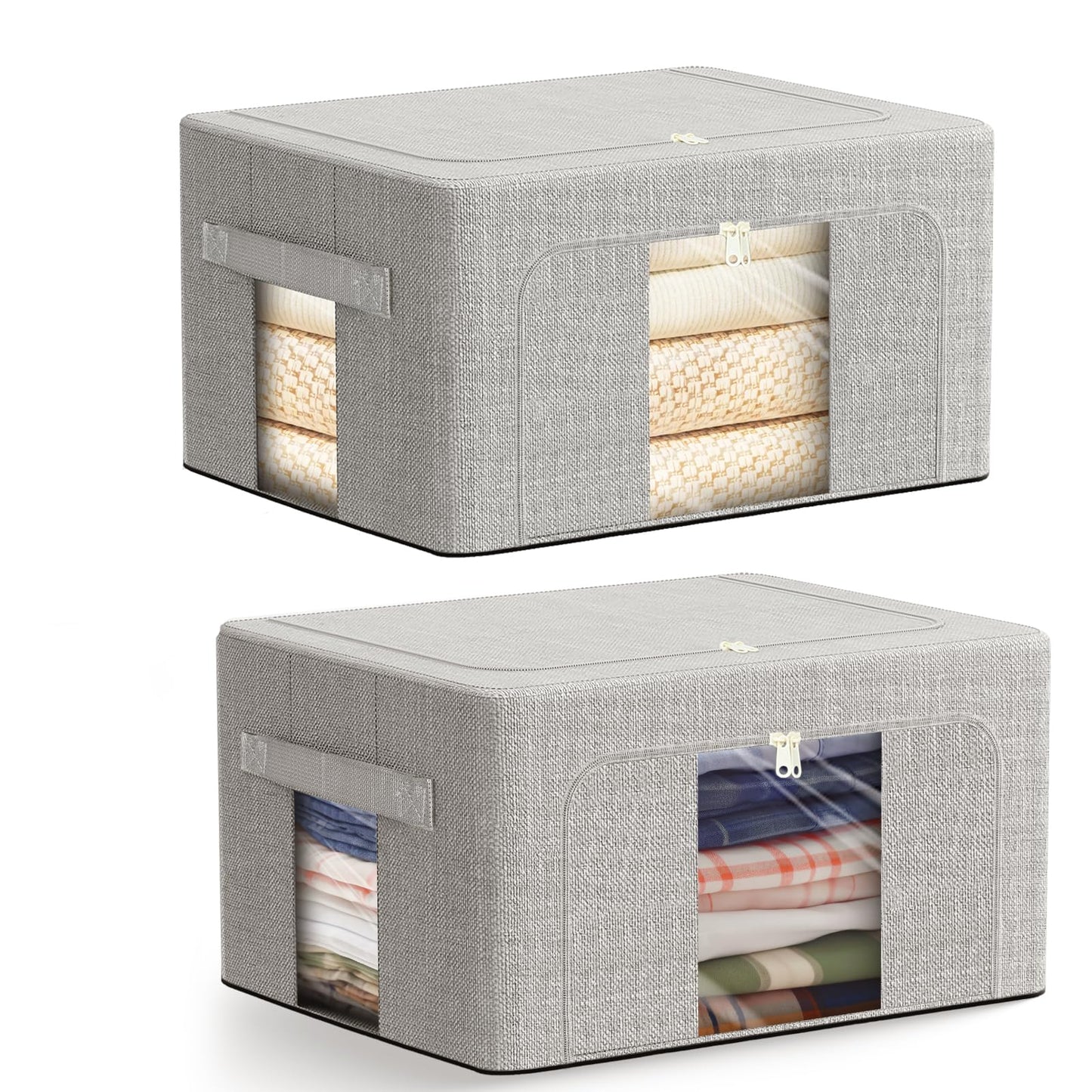 AIOR 2PCS 66L Clothes Storage Bags with Metal Frame, Foldable Fabric Storage Boxes with Clear Windows for Blankets Bedding Comforters