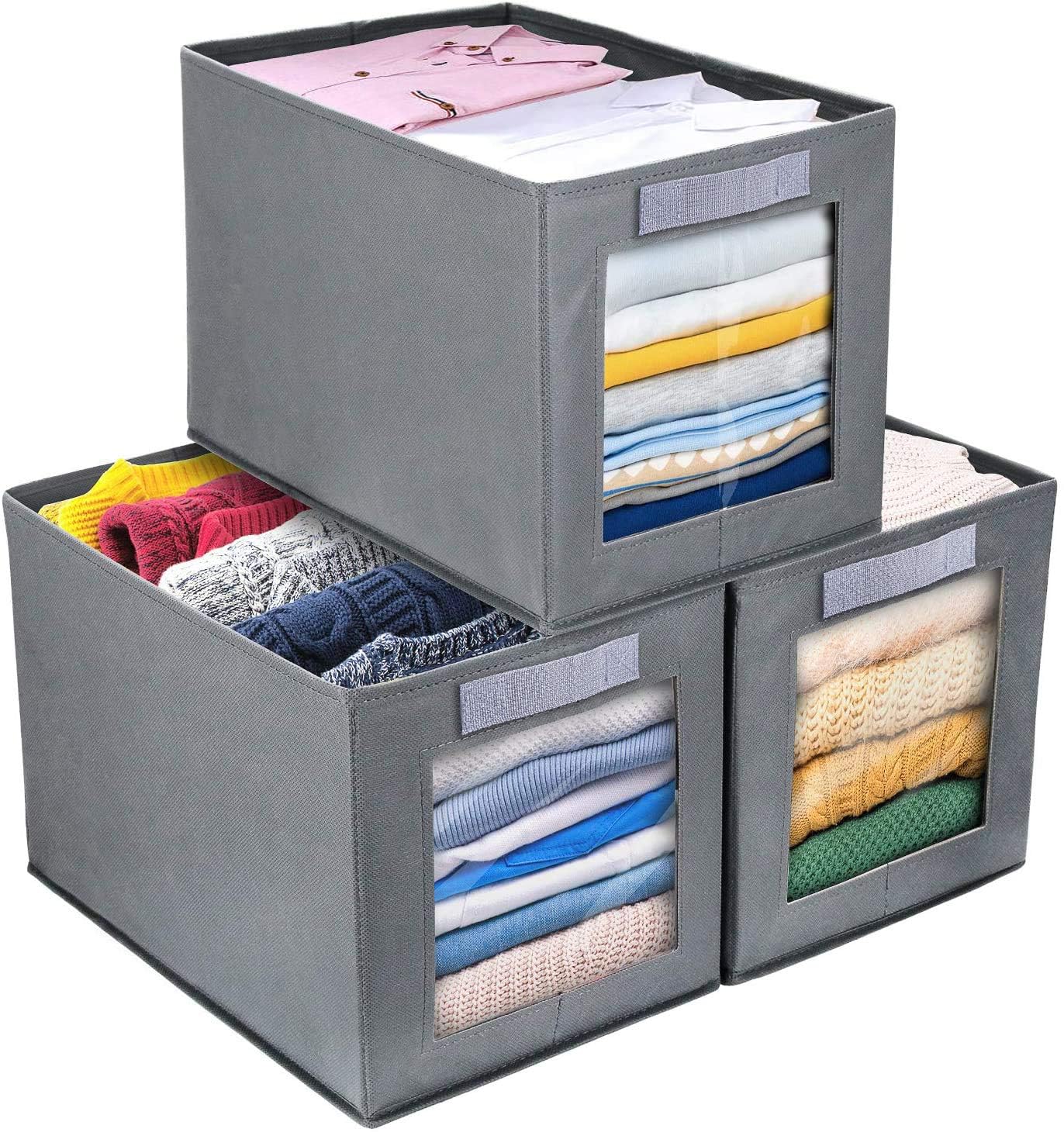 Foldable Wardrobe Storage Boxes, 3 Pack Fabric Shelf Clothes Organiser Grey