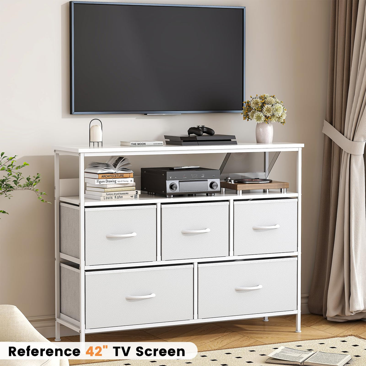 KU Syang 5-Drawer Chest of Drawers with TV Stand | Heavy-Duty Steel Frame & Scratch-Resistant MDF Top