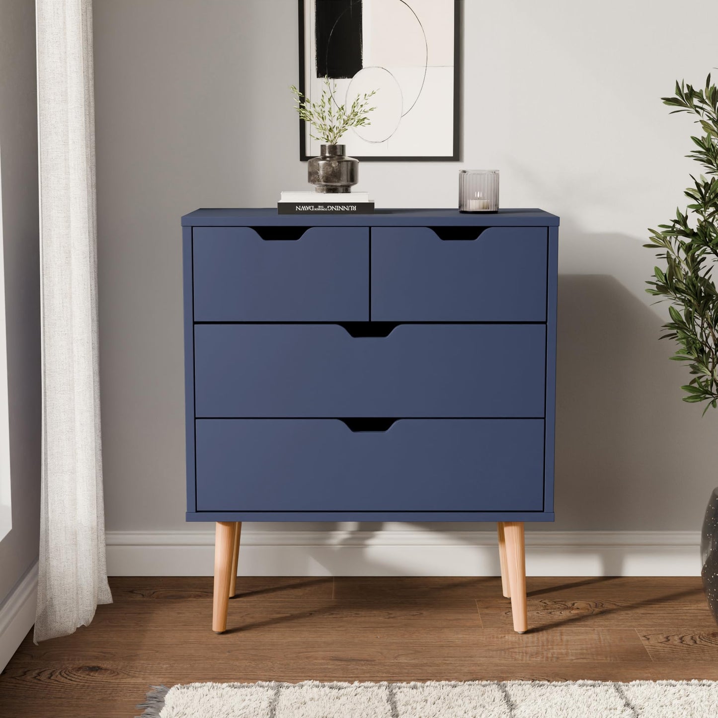 GFW Nyborg 2+2 Drawer Chest of Drawers, Blue Scandi Bedroom Storage Unit with Wooden Legs and Cut-Out Handles