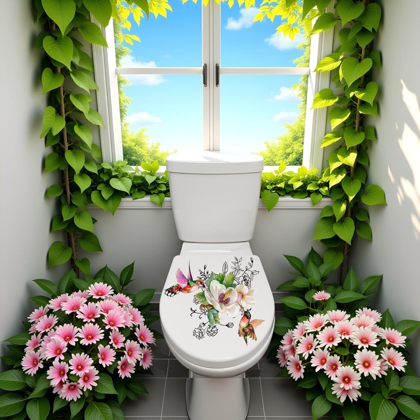 Birds Flowers Butterfly Toilet Seat Lid Stickers Self-Adhesive Bathroom Wall Sticker Floral Birds Butterfly Seat Decals DIY Removable Waterproof