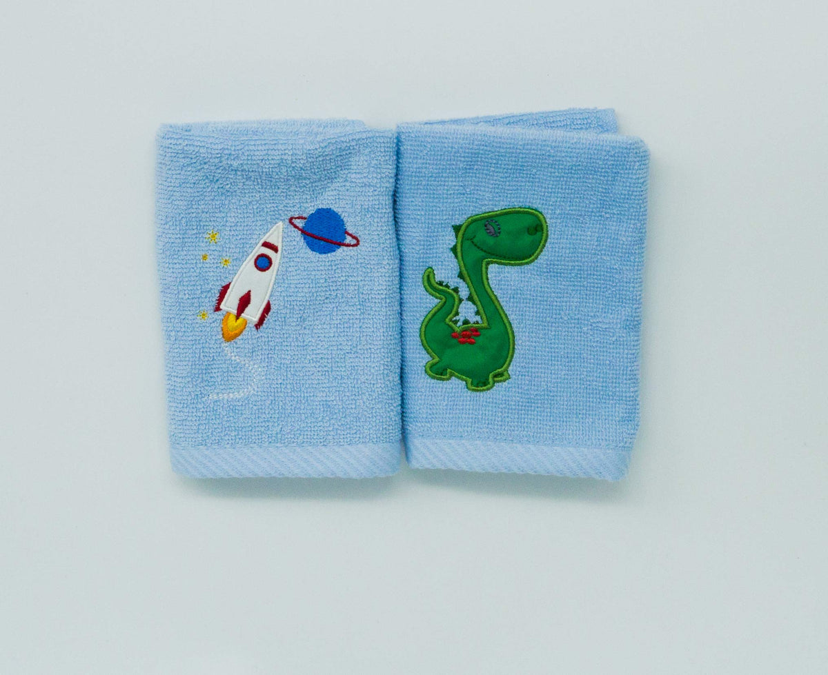 Lex's Linens Pack of 2 Kids Face Cloth 1 x Dinosaur & 1 x Rocket