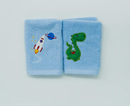 Lex's Linens Pack of 2 Kids Face Cloth 1 x Dinosaur & 1 x Rocket