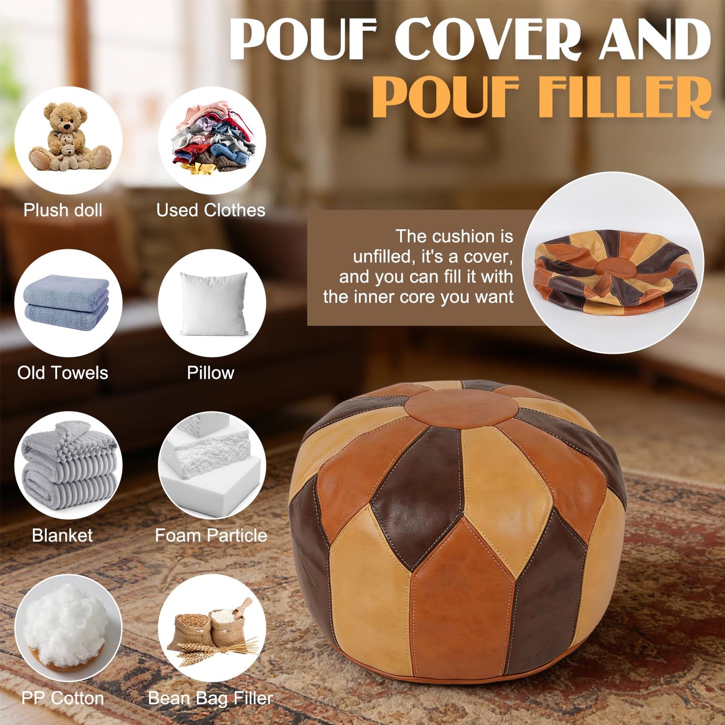 Ayrirel Unstuffed Moroccan Pouf Ottoman Footstools for Living Room,Waterproof Faux Leather Pouffe Foot Rest Cover,Boho Round Pouffe,Multifunctional