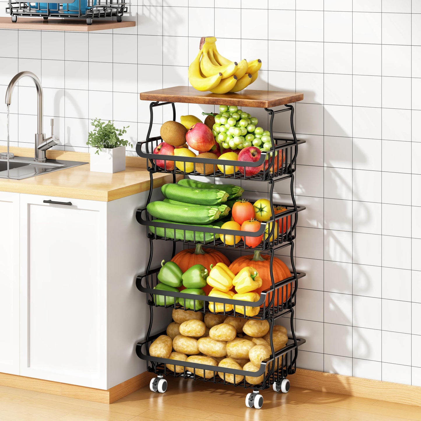 5 Tier Vegetable Fruit Basket for Kitchen, Stackable Metal Fruit and Vegetable Storage Baskets with Rolling Wheels Cart