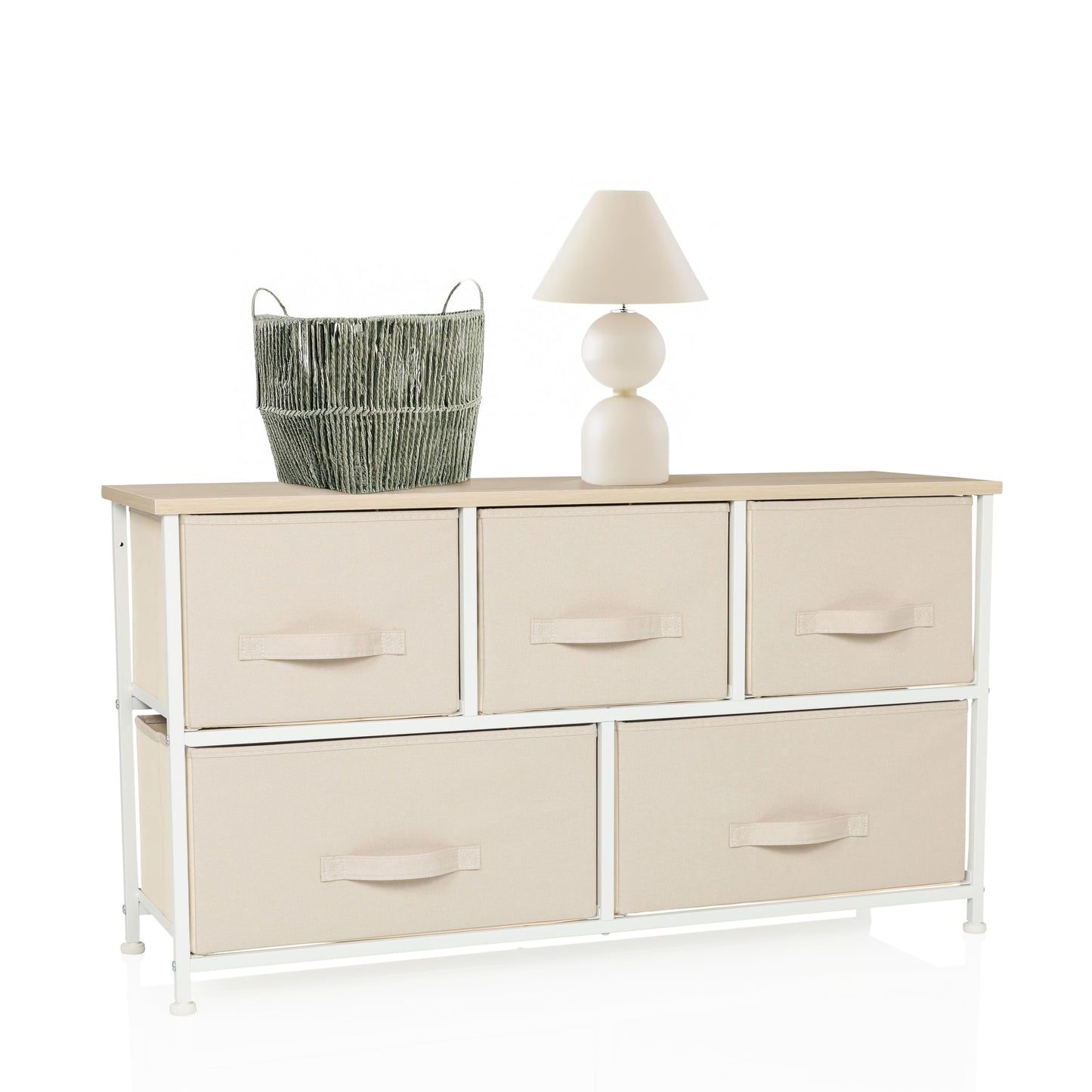 hjh LIVING Chest of drawers with 5 fabric drawers FOLDAR 100x30x55 cm Chest of drawers organizer, height-adjustable foot glides, metal frame, beige