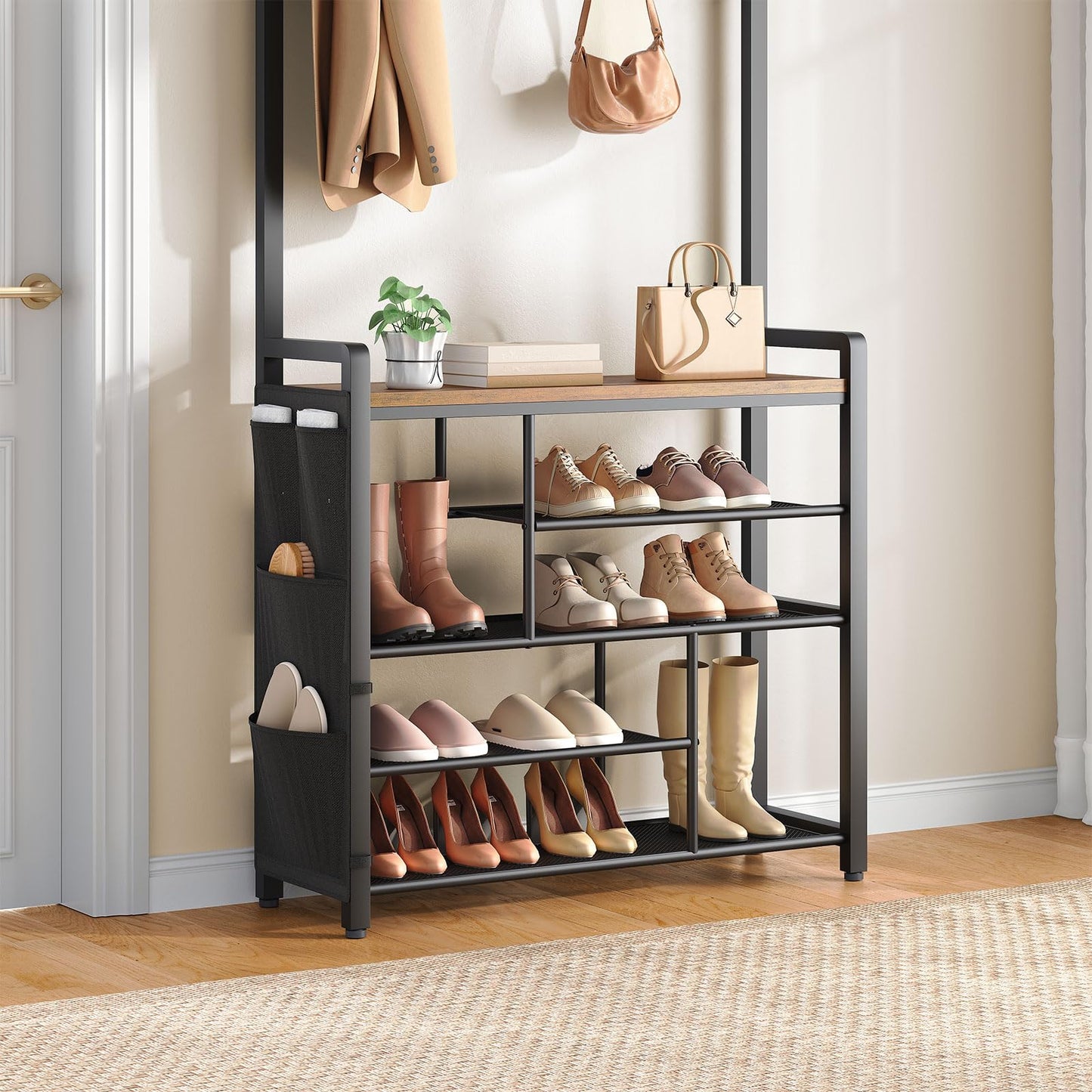 HOOBRO Coat Rack with Shoe Storage, 5 Tier Shoe Rack with Coat Rack, Shoe Storage Organizer with 9 Coat Hooks and 3 Oxford Fabric Side Pockets
