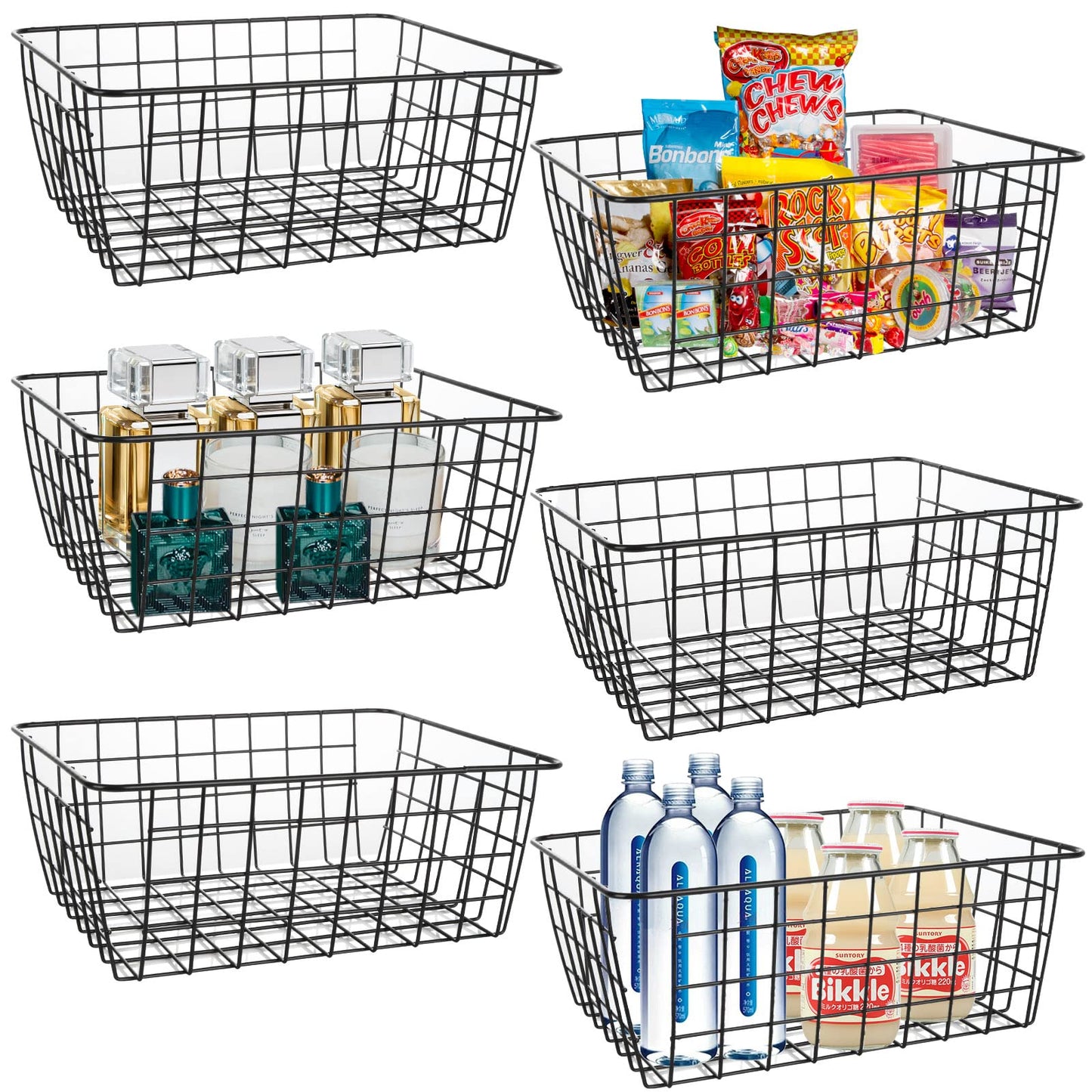 YOUNTHYE 6Pack Wire Storage Baskets, 28x22x11CM Pantry Organizers and Storage Black Wire Basket with Handle, Freezer Storage Organiser for Shelf