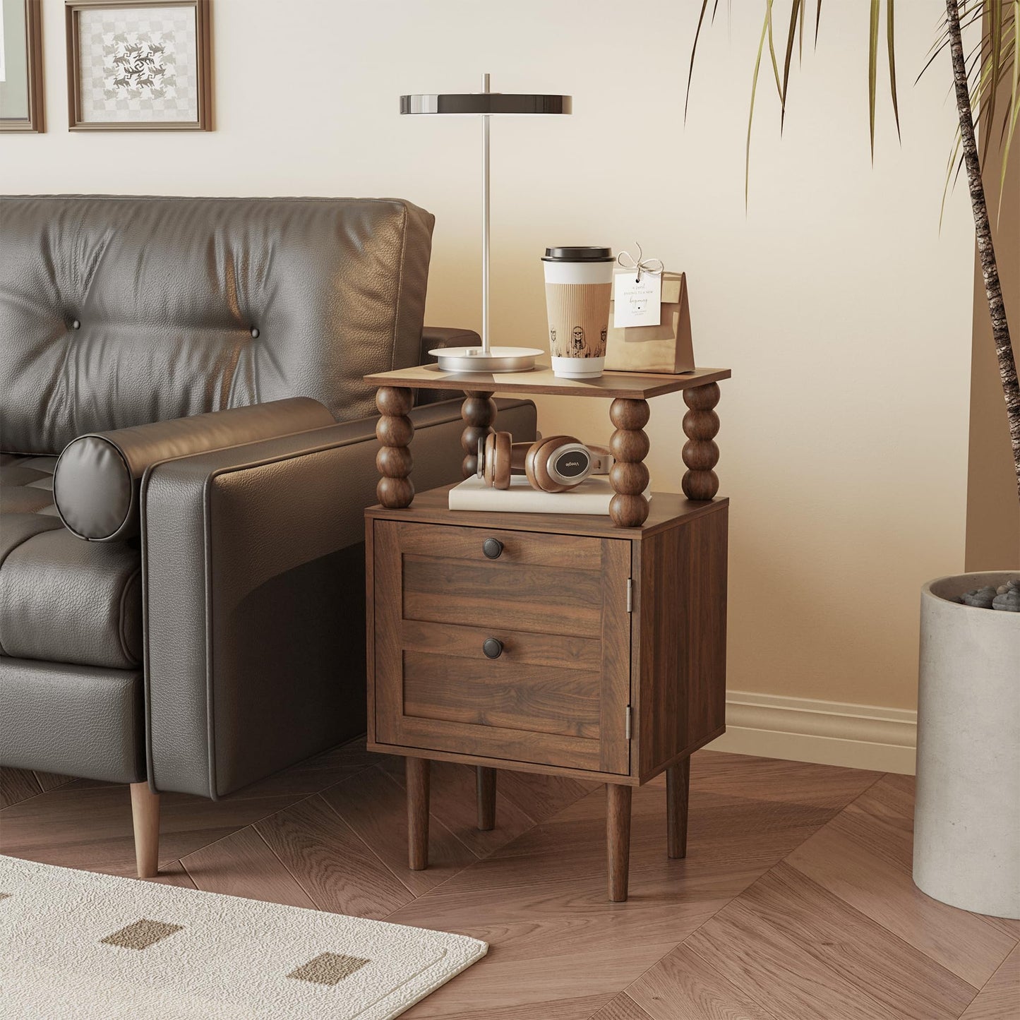 JERX Wooden Bedside Table, Nightstand with Storage Drawer and Open Wood Shelf, for Living Room, Bedroom and Small Spaces Walnut Brown