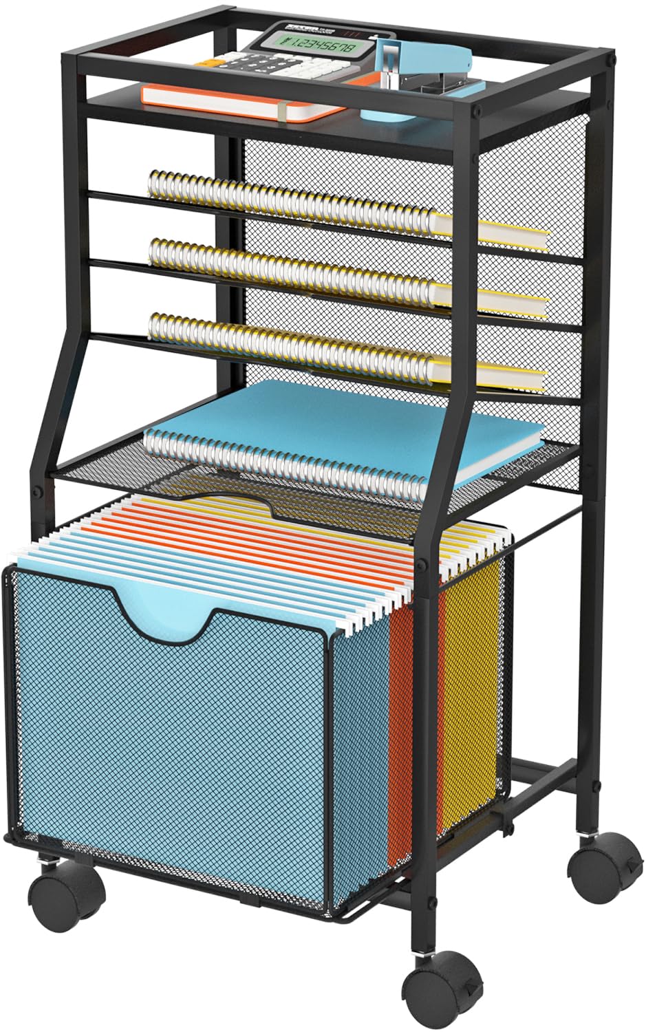BOHDK Rolling File Cart, 6-Tier Under Desk Organiser on Lockable Wheels, Black Wood Planks & Mesh File Cart with Sliding Drawer and Paper Trays for