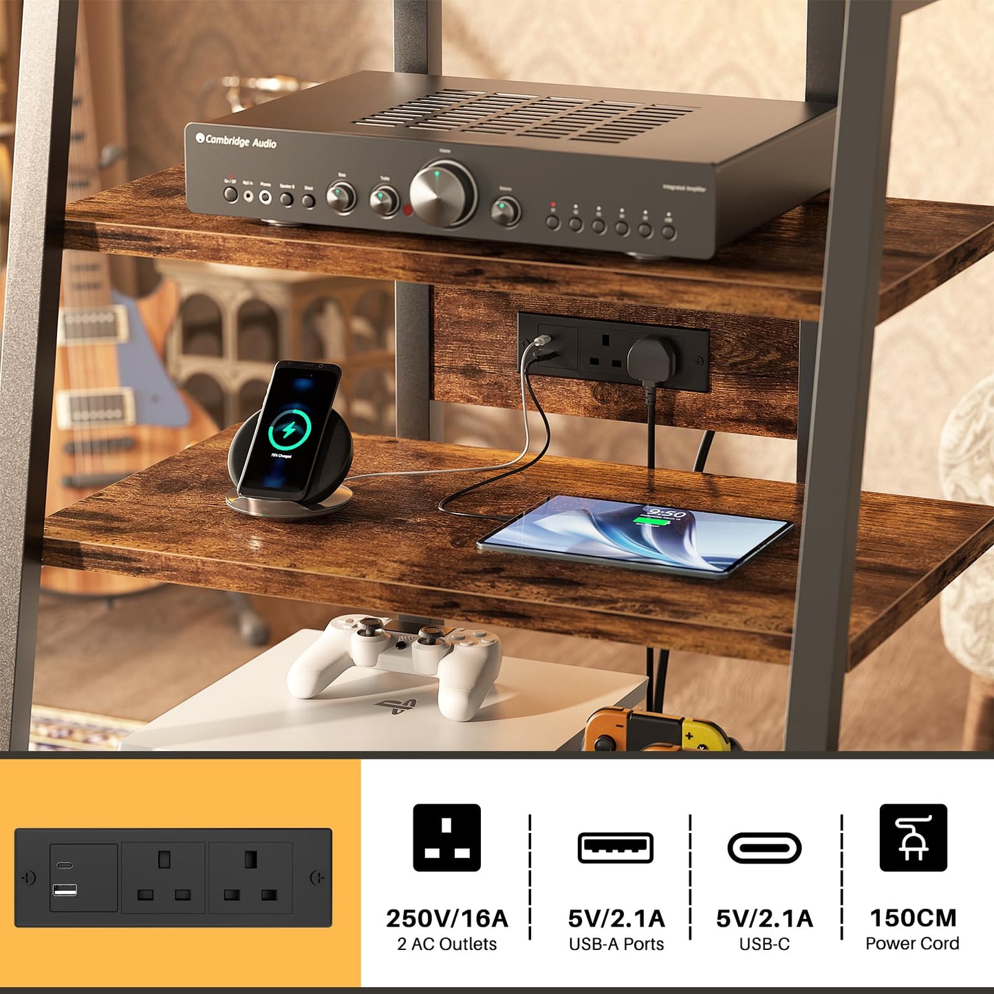 iSunirm HiFi Stand, AV Media Stand with Outlets, 4-Tier Media Console with LED Lights, Record Player Stand With Storage Shelves