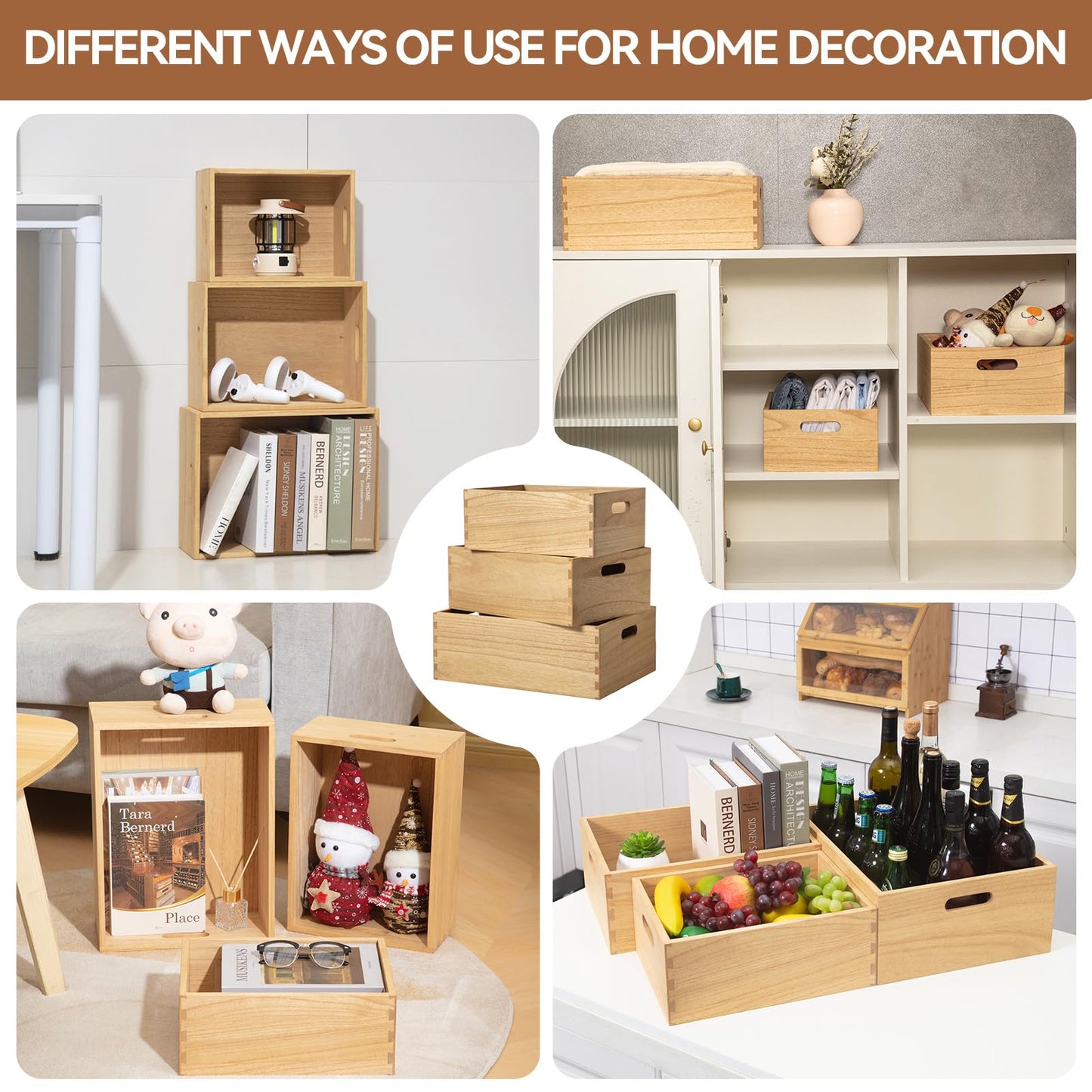 KIRIGEN Wooden Storage Crates with Handles, Set of 3, Natural