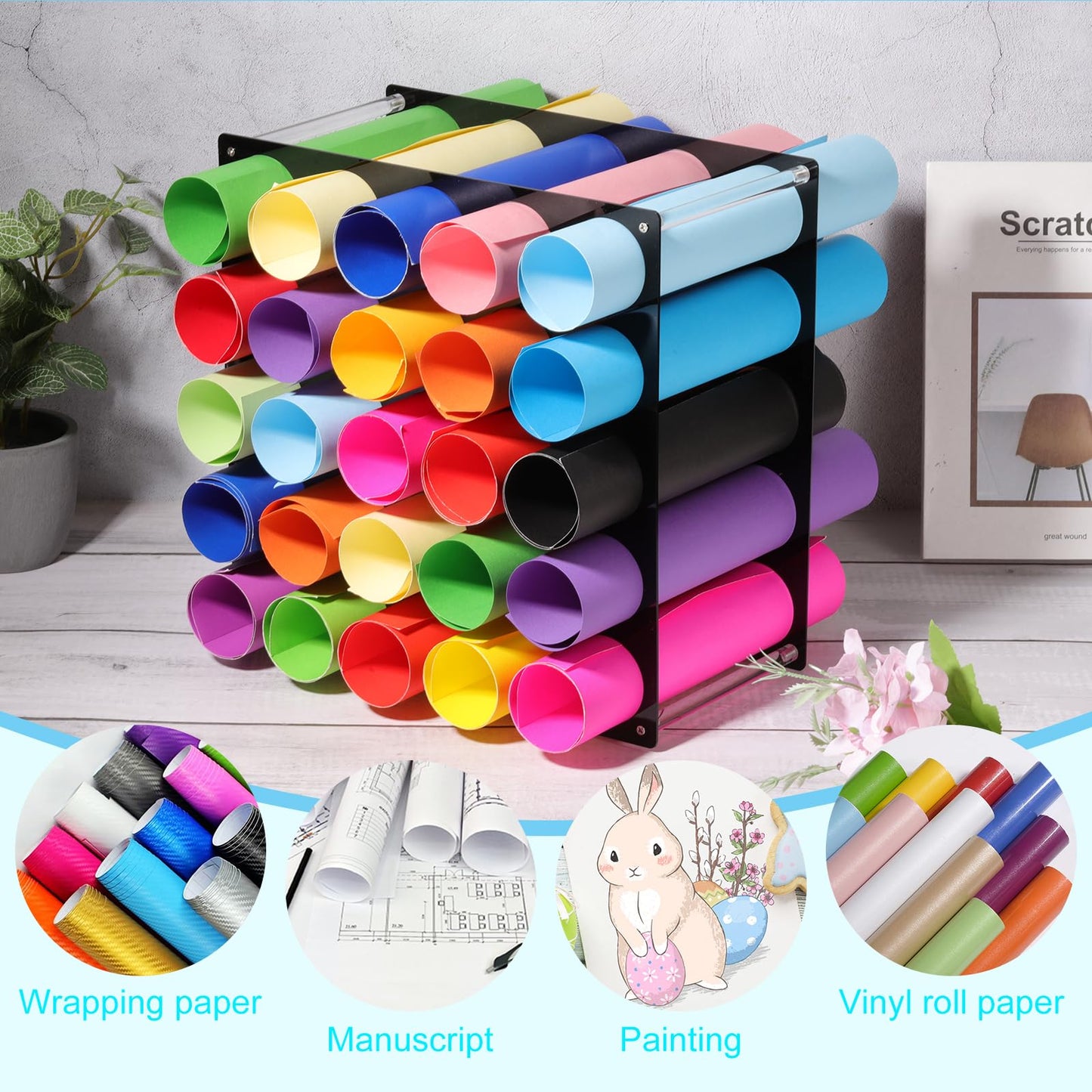 sourcing map Vinyl Roll Storage Rack, 1 Set Acrylic Vinyl Roll Holder for Up to 25-Holes, Vinyl Organization for Craft Room Vinyl Roll Gift Wrap