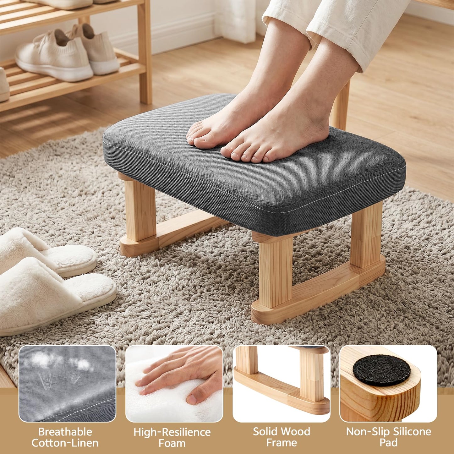 Seivunol Small Footstool, Lightweight Pouffe Footstool with Stable Wooden Legs and Removable Soft Cushion Cover
