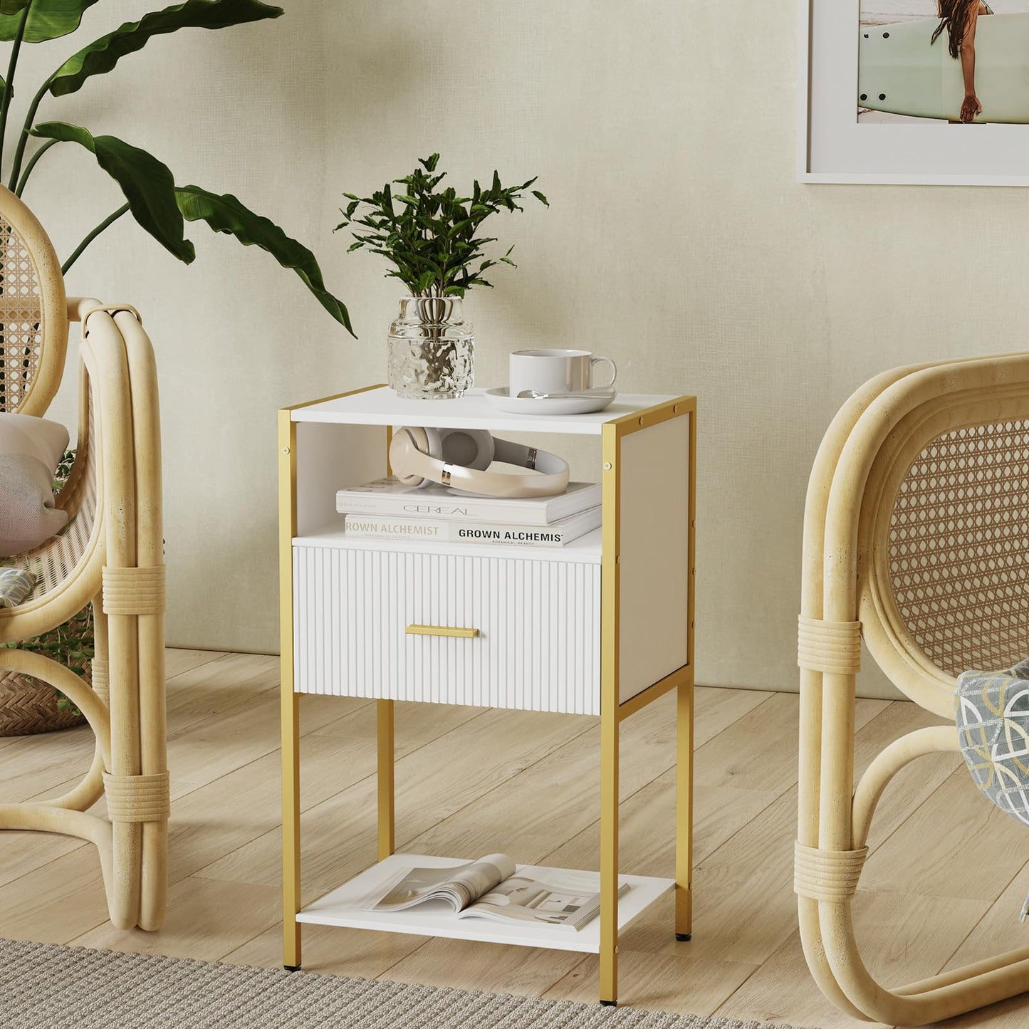 JERX Bedside Table, Nightstand with Storage Drawer and Open Wood Shelf, Bedside Cabinet for Living Room, Bedroom and Small Spaces, Metal Frame