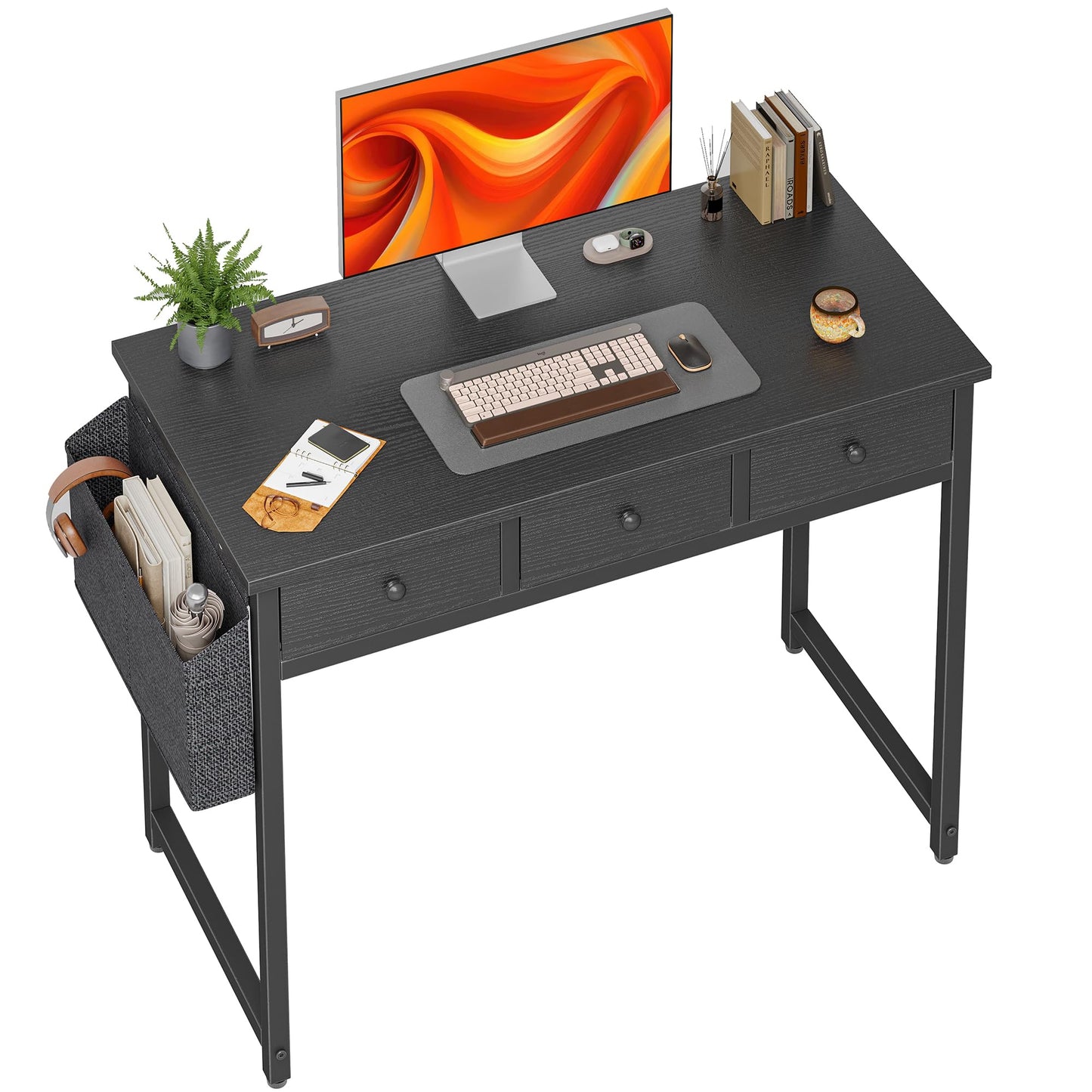 BEXEVUE Small Desk with Drawers, 100cm Comuputer Desk with Fabric Storage Drawers, Home Office Writing Desk for Small Spaces, Black