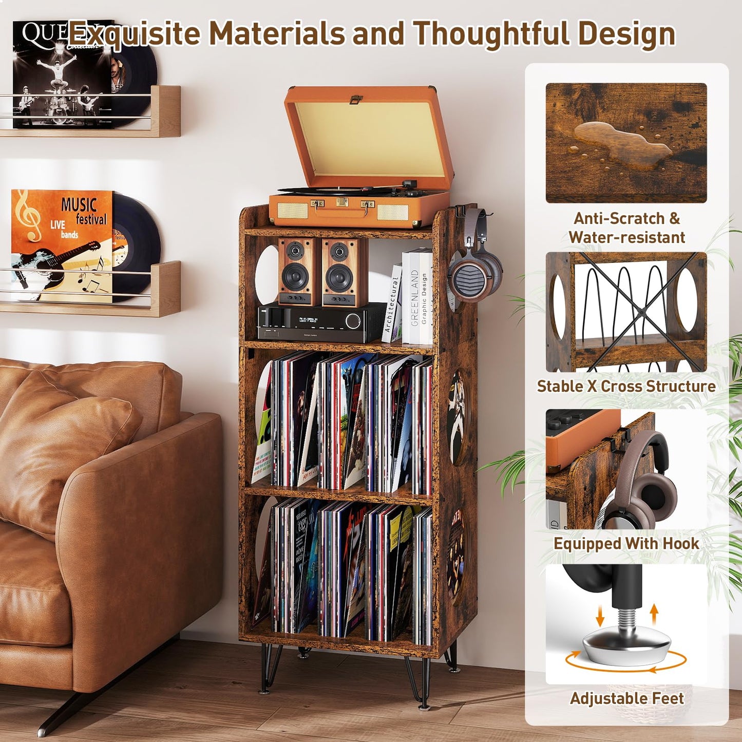 ikkle Record Player Stand, 4 Tier Vinyl Storage Cabinet with Hollow Design
