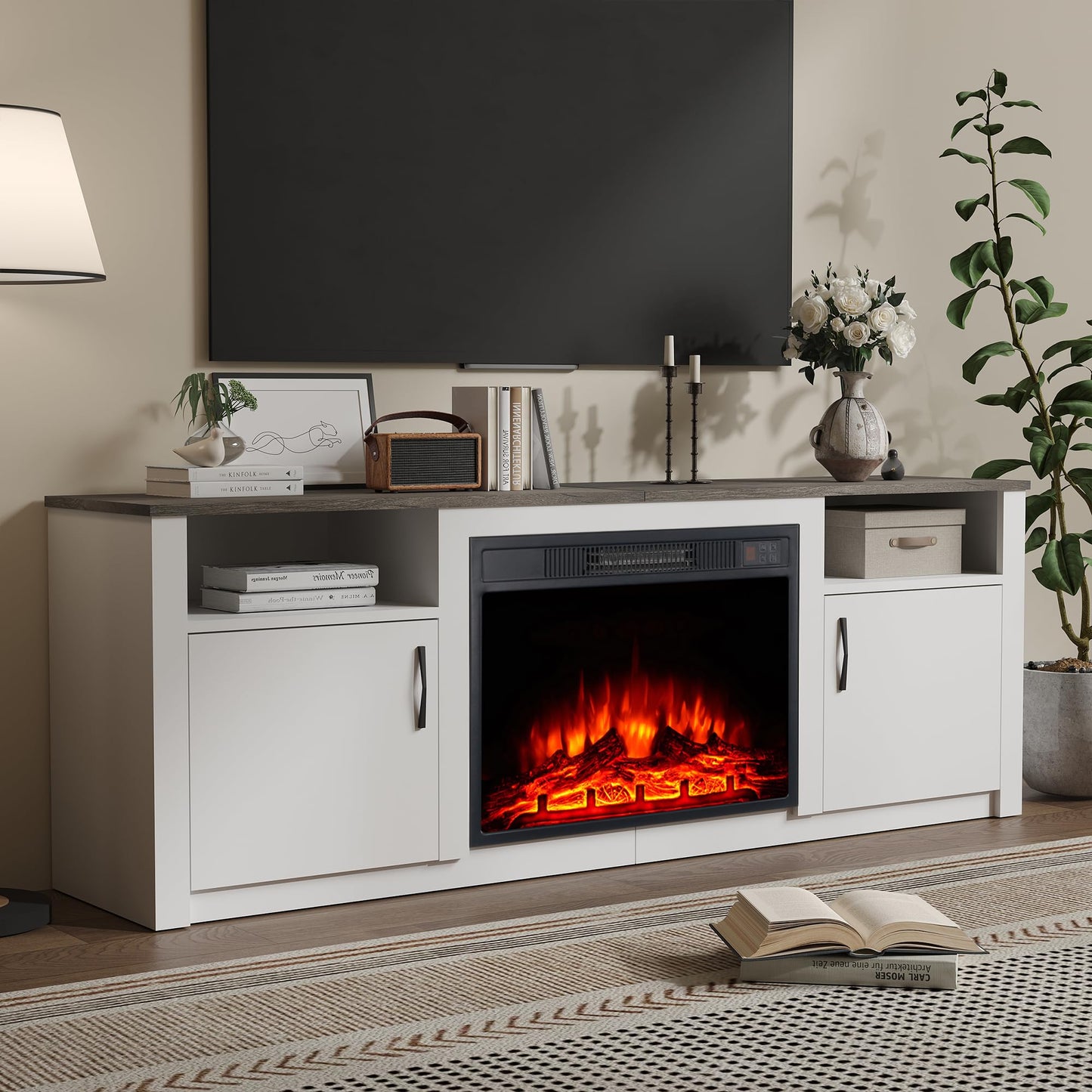 M.C.Haus 157cmW TV Stand 23" Electric Fireplace Modern Entertainment Centre with Realistic 3D Flame Effect, Overheat Protection & Remote Control