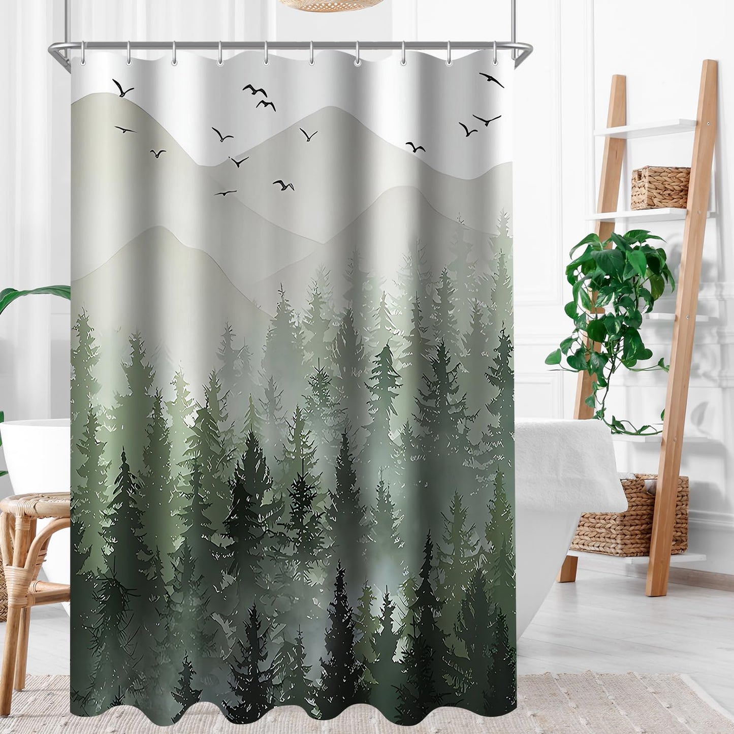 Lerores Shower Curtain 120 x 200 cm, Forest Anti-Mould Textile, Weighted Hem, Water-Repellent
