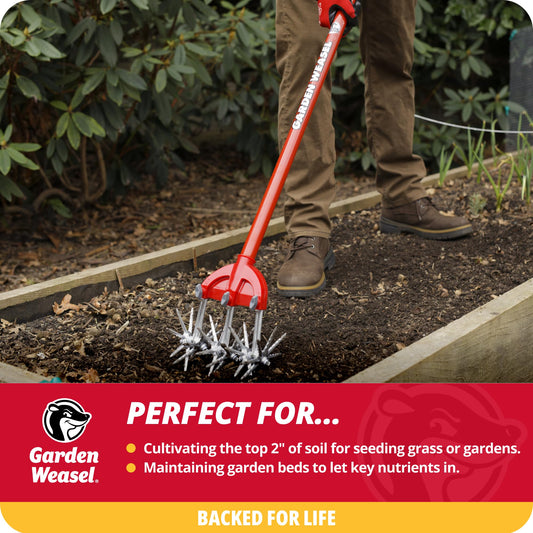 Garden Weasel Rotary Cultivator & Hand Tiller - 2-in-1 | Aerate, Weed, Cultivate, Plant, Reseed | Lawn Reseeding Garden Tool, Garden Soil Loosener |