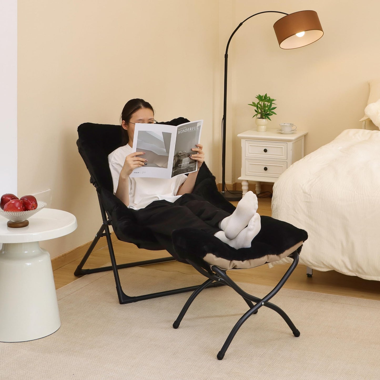 Mordchil EU Comfy Saucer Chair for Adults, Set of 2, Soft Faux Fur Bedroom Chair, Accent Dorm Chairs, Flexible Living Room Reading Chairs