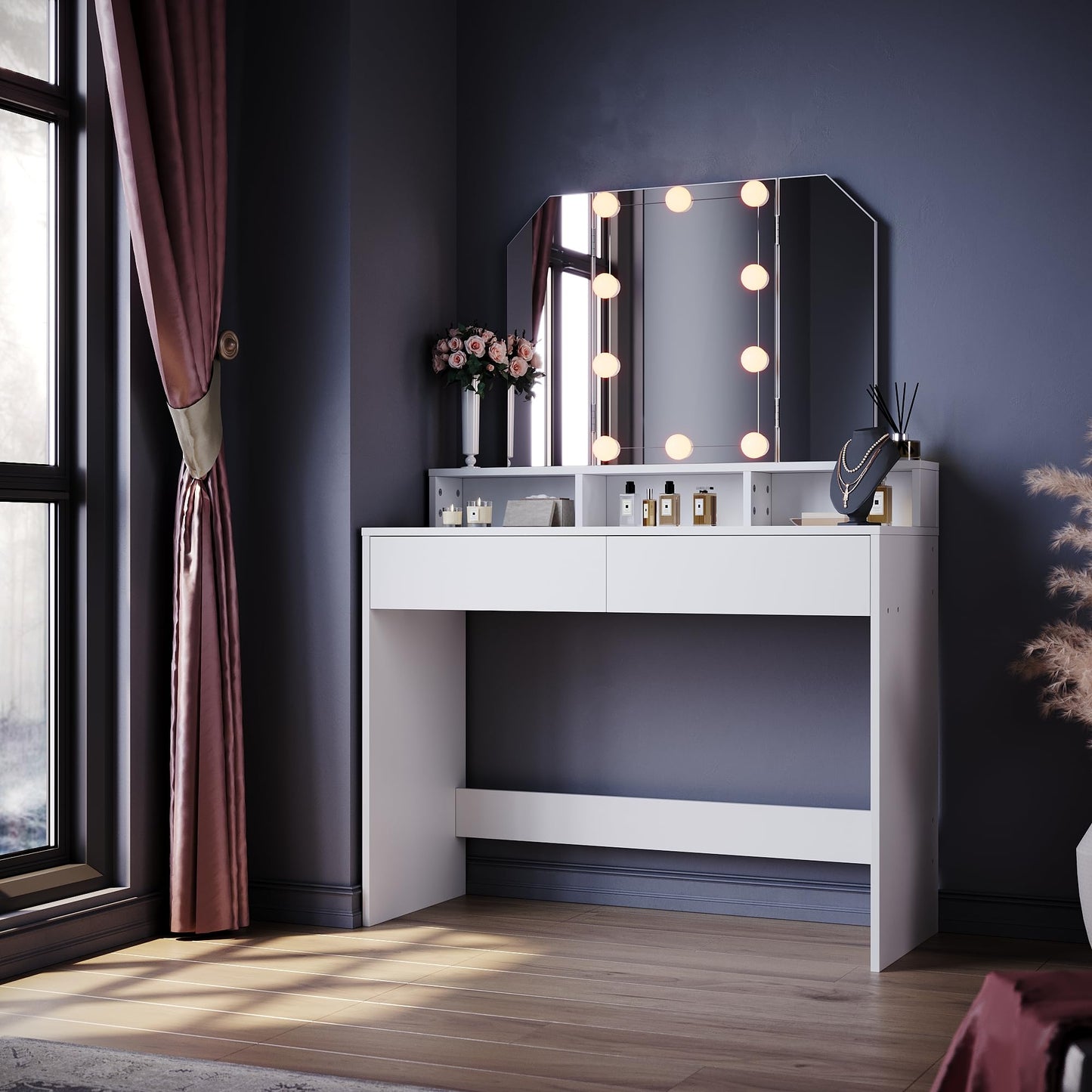 ELEGANT Dressing Table with Tri-Fold Mirror (180°) Makeup Vanity Desk with 2 Drawers and 3 Open Compartments and Hollywood LED Lights