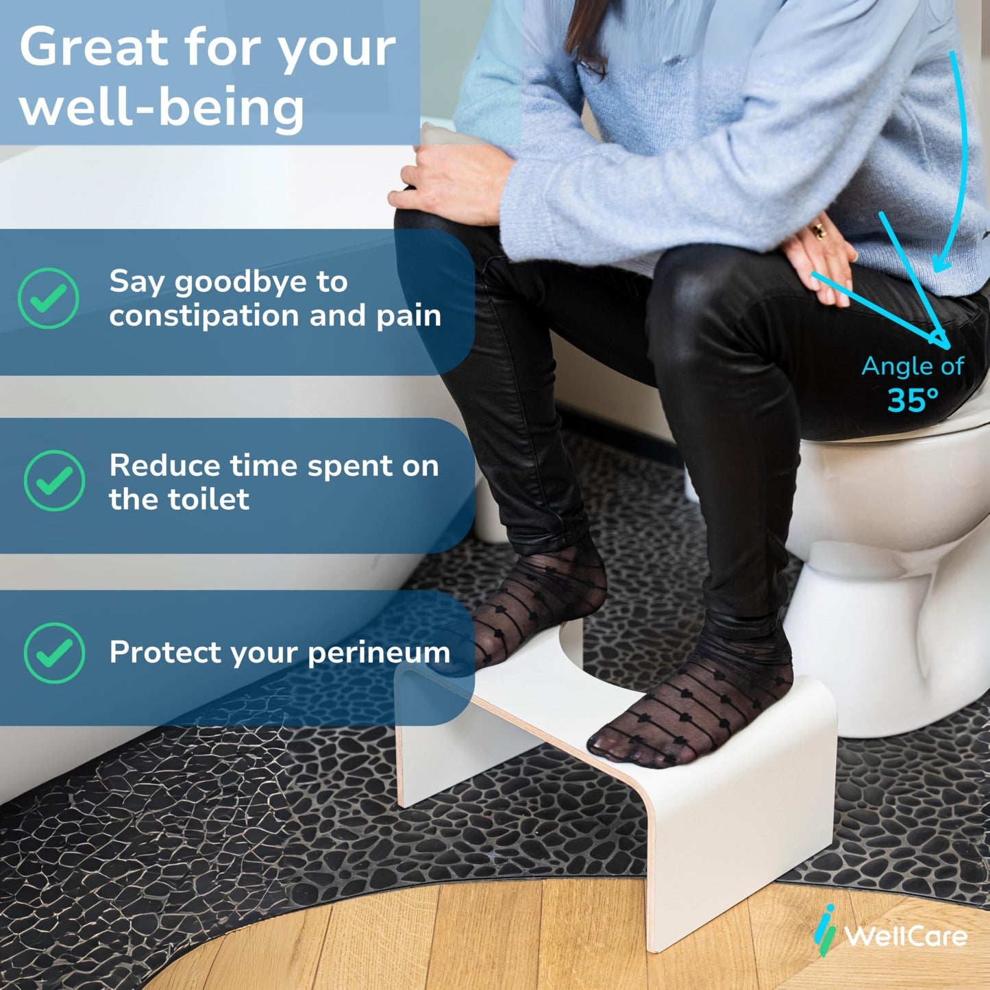 Well Care Wooden Toilet Stool for adults White - Bathroom Foot Step for Squatting - Stoolie for Squat posture to relieve Constipation