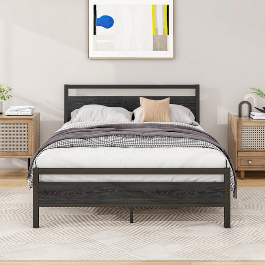 BOFENG 4ft6 Double Bed Frames with Wood Headboard,Heavy Duty Metal Platform Bed Frame Double Bed No Box Spring Needed,Mattress Foundation/Under Bed