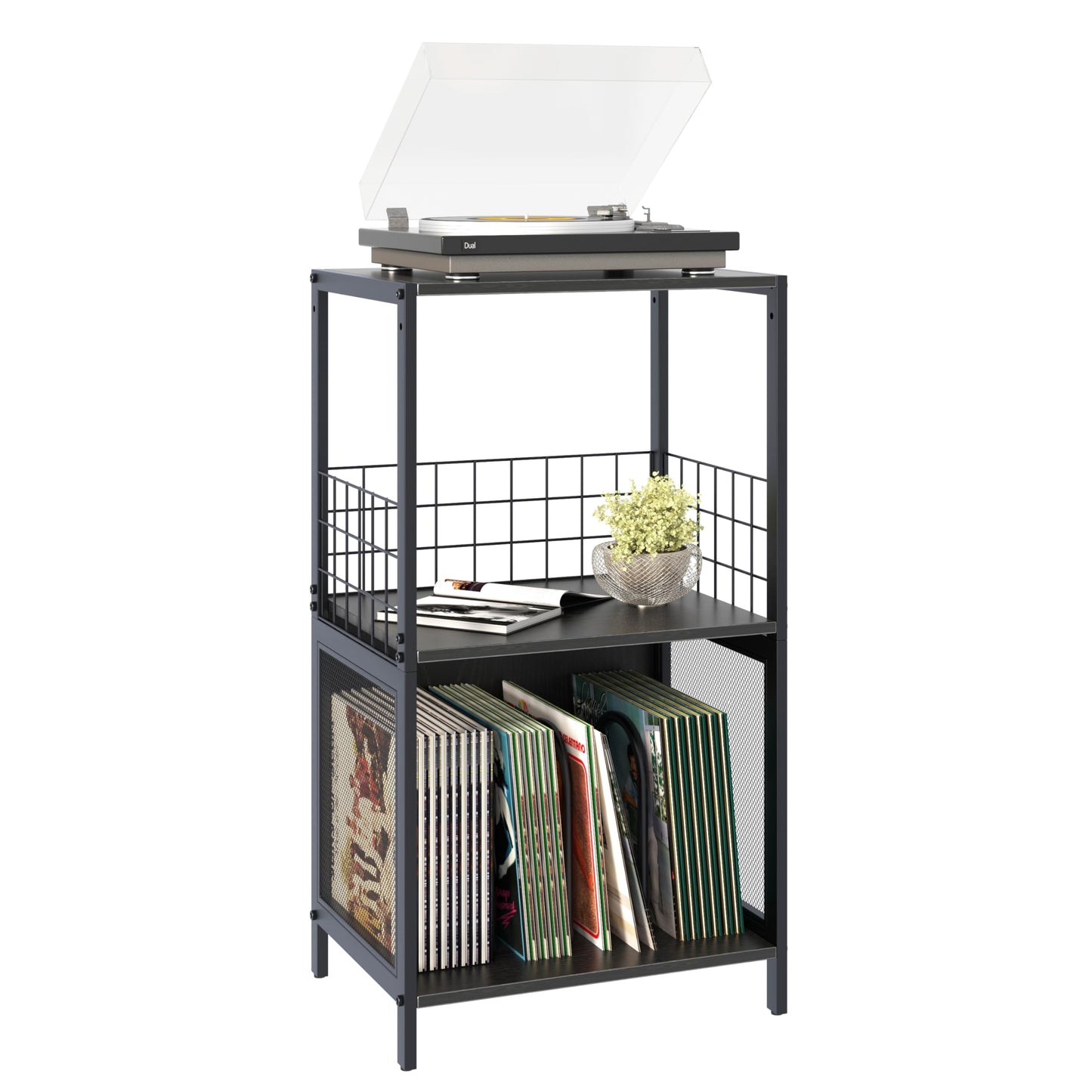 Huhote 3-Tier Vinyl Record Storage, Side Table, Record Player Stand with Storage for Up to 100 Albums, Turntable Cabinet for Living Room