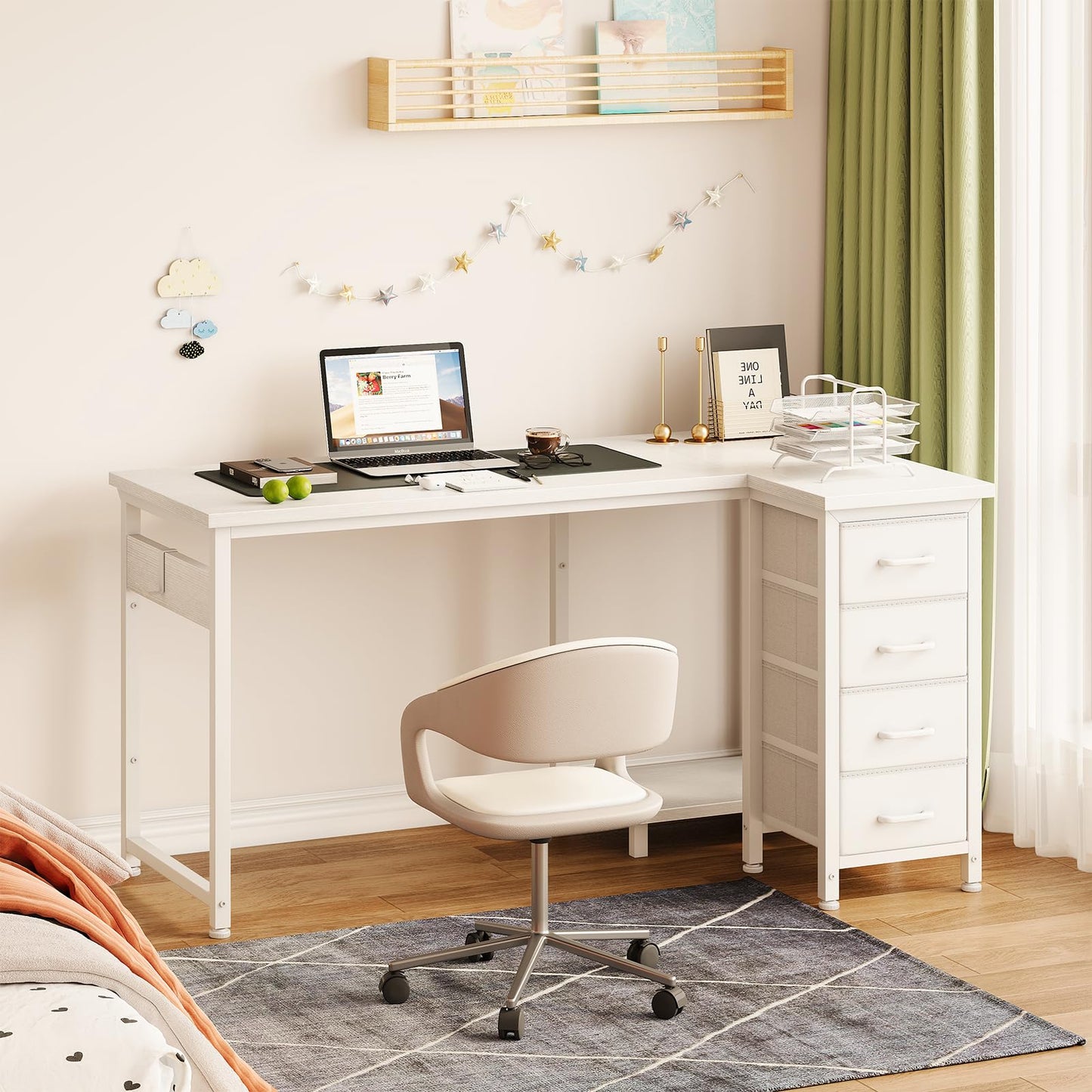 Coleshome Small Corner Desk with Drawers for Home Office, 120x70 cm, White