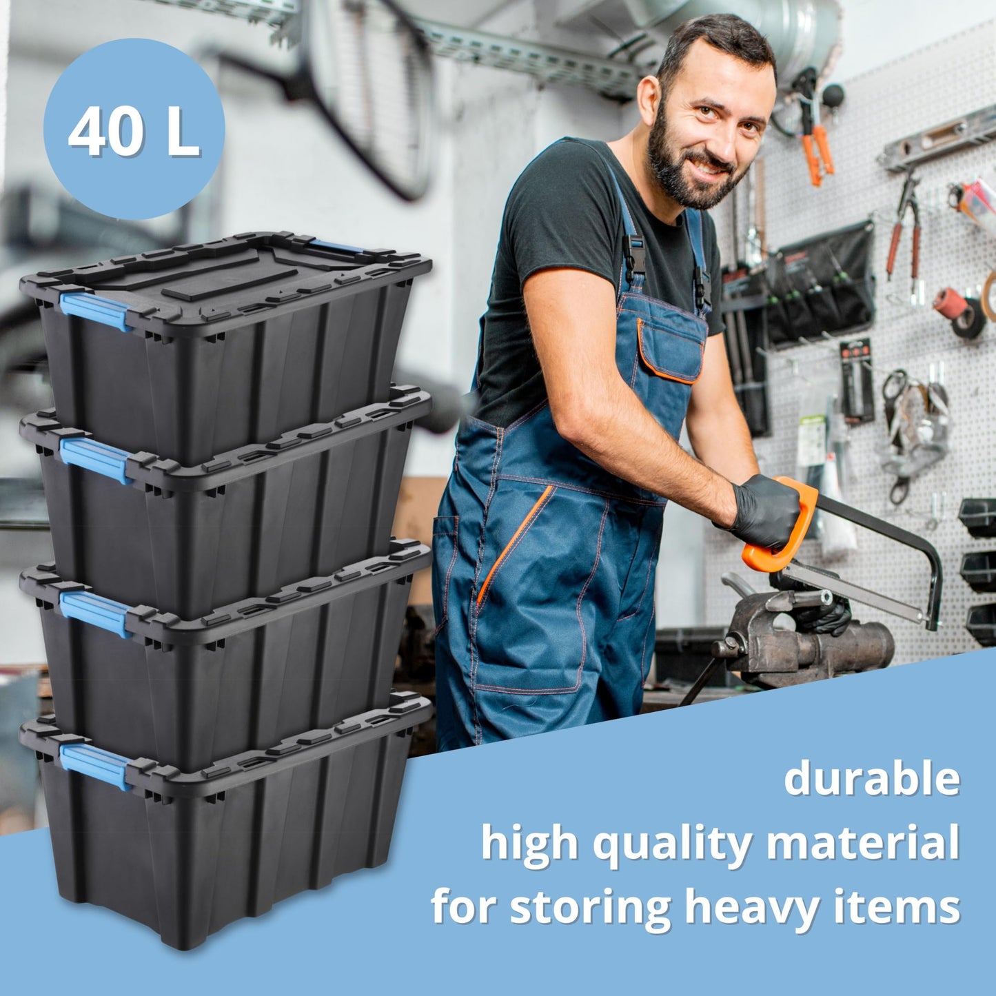 IDEA HOME Set of 5 Storage Boxes 40L with Lid TechBox HD – Heavy-duty Stackable Plastic Containers – Organiser Crates for Garage, Workshop