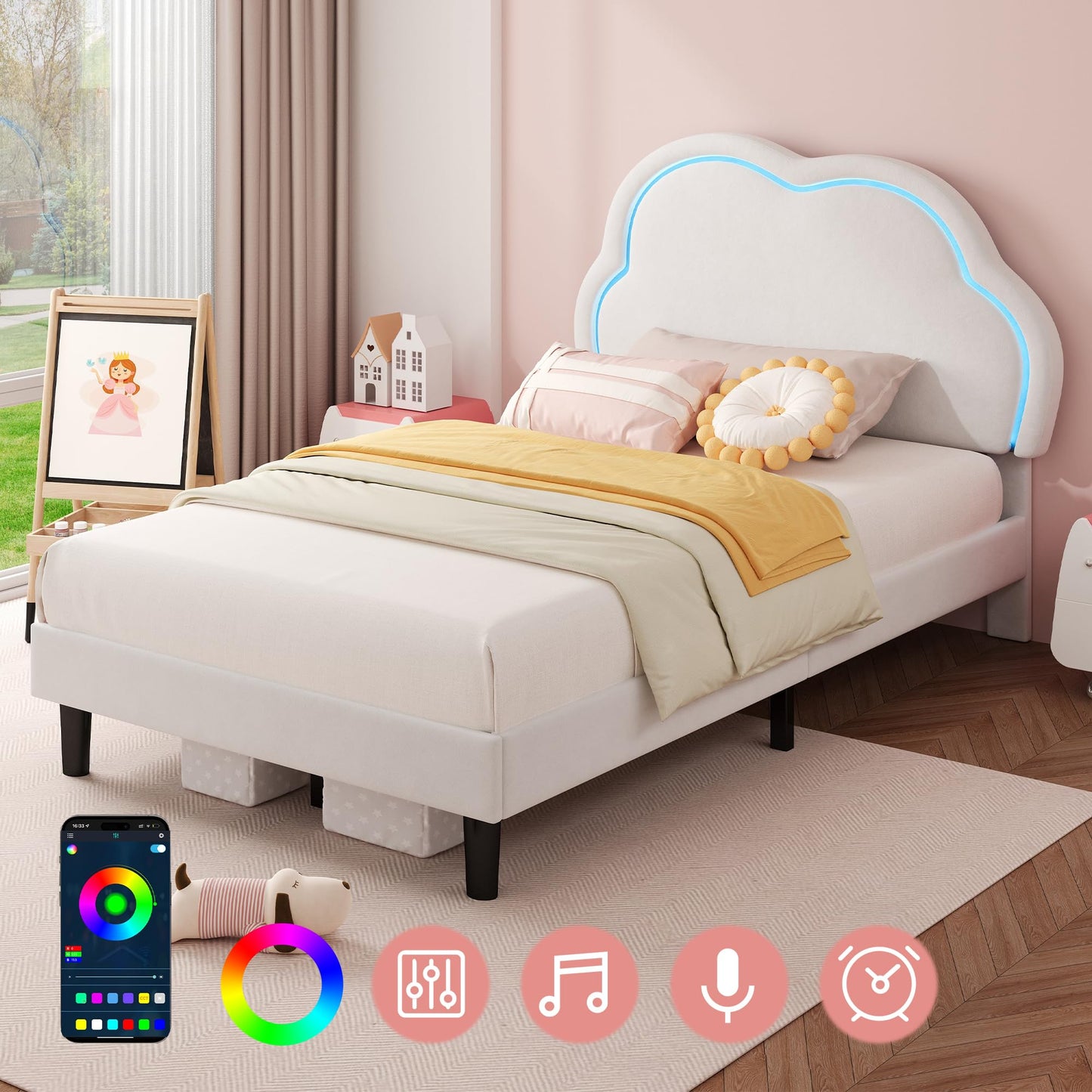 ModernLuxe 3FT LED Single Upholstered Bed 90x190cm for Kids Velvet Single Bed Frame Cloud Headboard Girls Bed with Adjustable Lighting