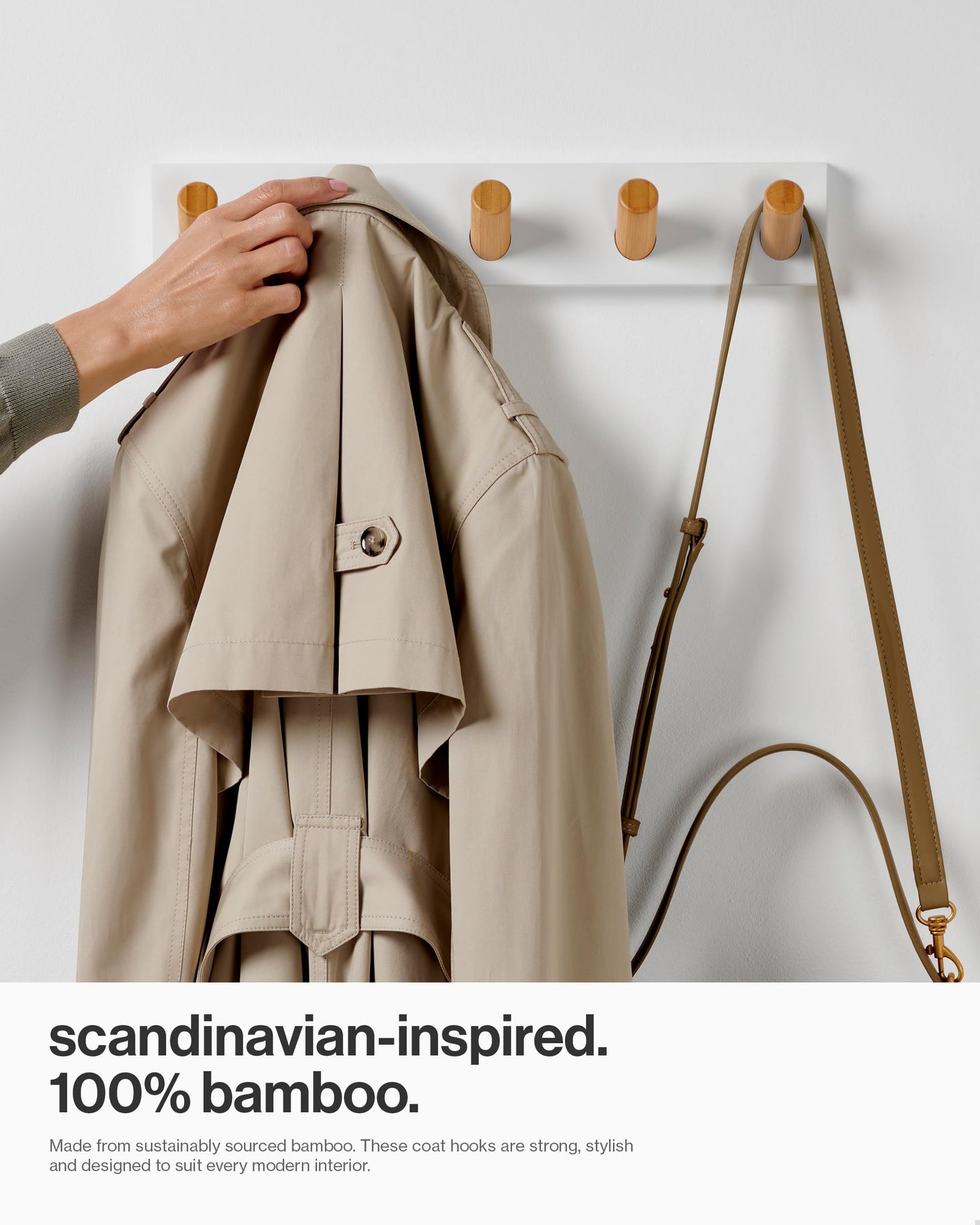 LARHN White Wall-Mounted Coat Rack - 5 Wooden Coat Hooks, 42cm