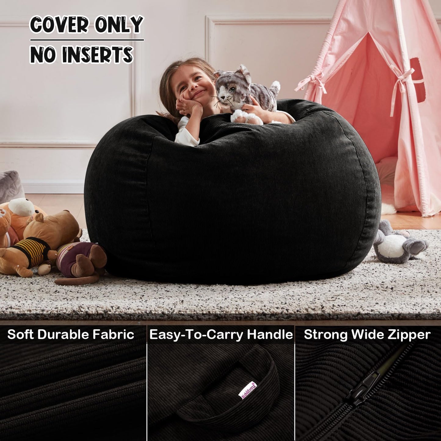 Nobildonna Bean Bag Chair Cover (No Filler) for Kids Beanbag Stuffed Animal Storage Without Filling Plush Toys Holder and Organizer Soft Premium