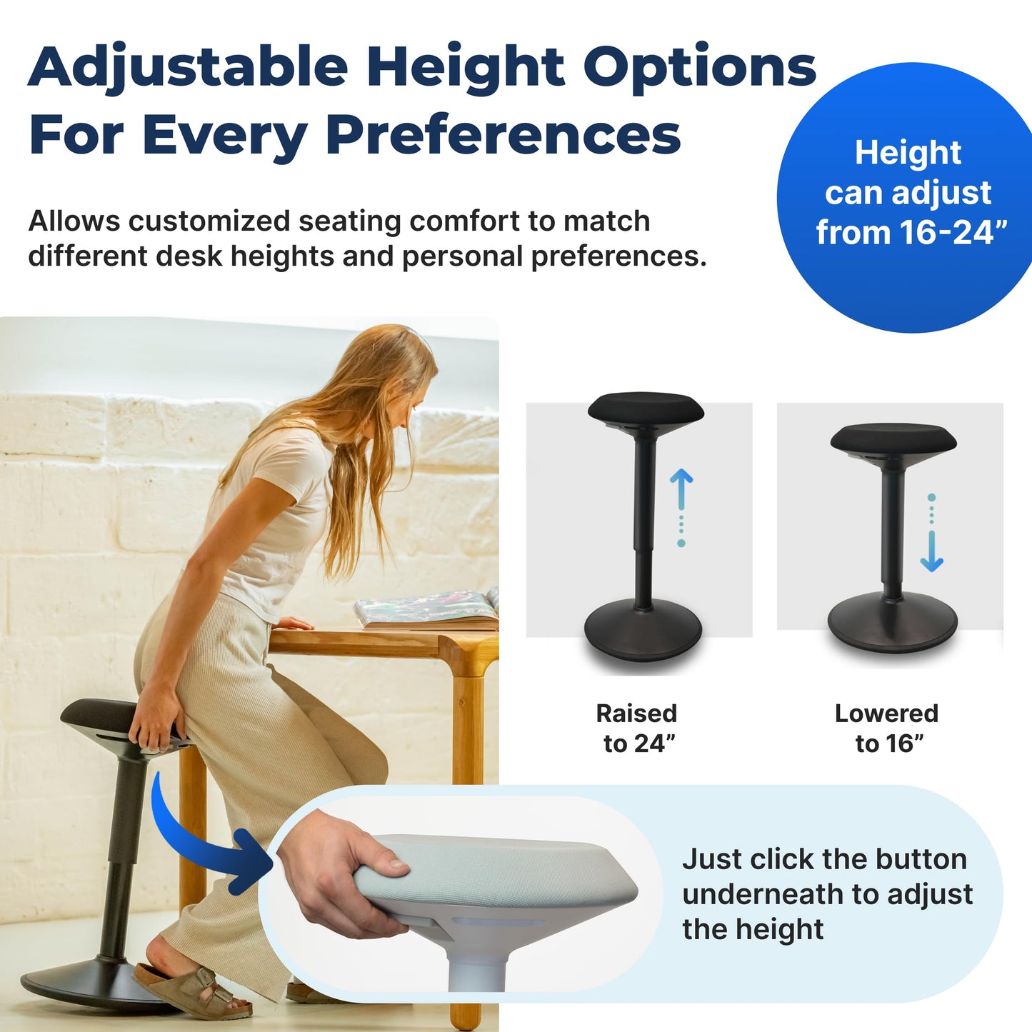 Backerz Ergonomic Desk Stool for Office – Height Adjustable Wobble Stool 40-60 cm