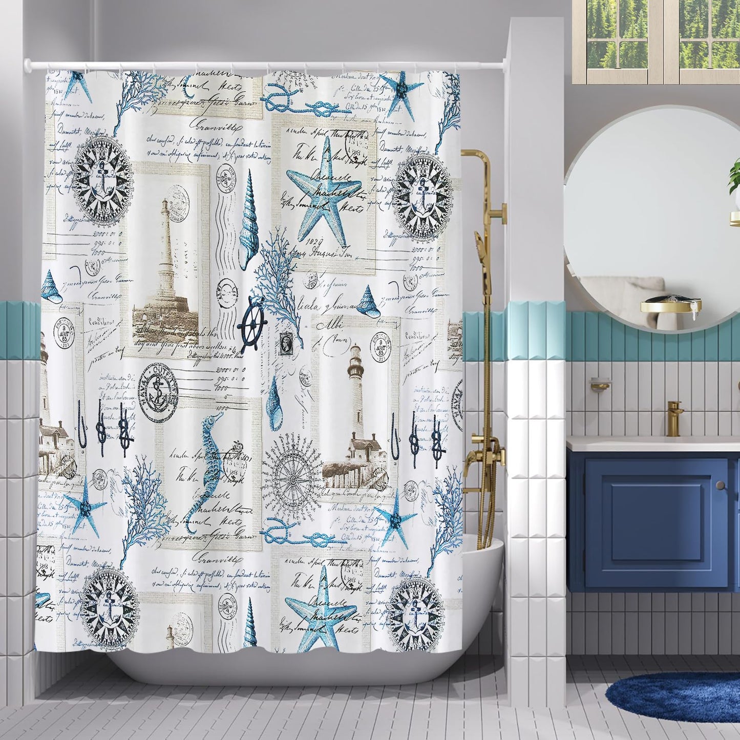 Simpomsy Nautical Shower Curtain Sailboat Compass Anchor Bathroom Curtain Waterproof Mildew & Mould Resistant Polyester Fabric Bath Curtain with 12