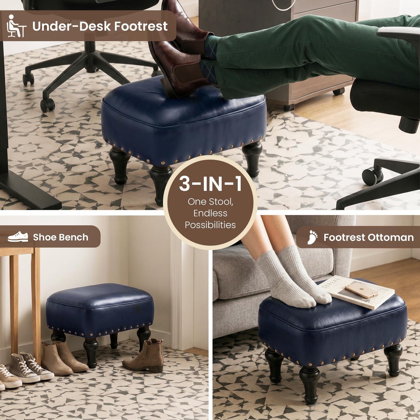 Cmishe Ottoman Leather Foot Rest with Thicker Foam Padded Seat, Footstool with Wooden Legs