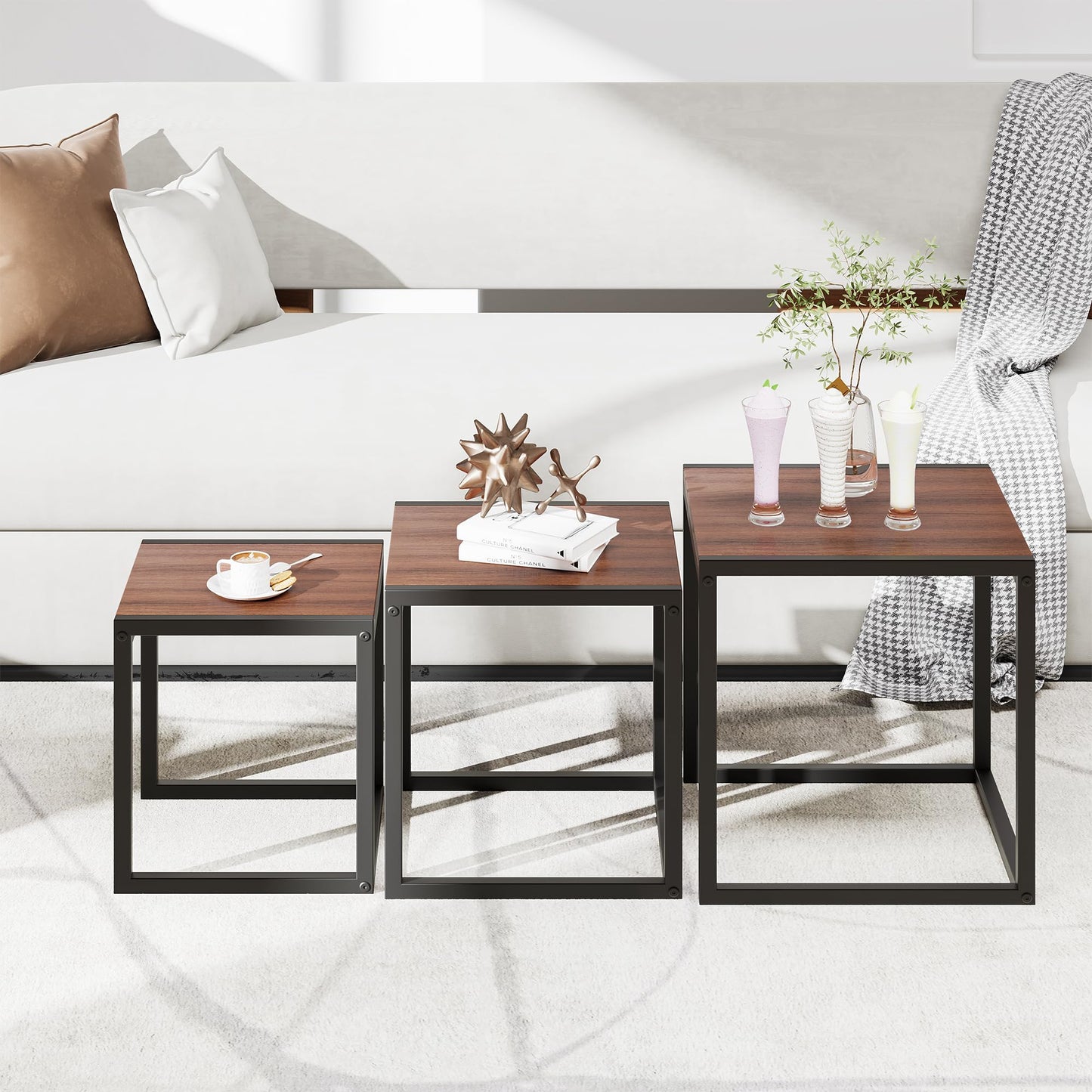 DUMEE Nesting Coffee Tables Set of 3,Sofa End Tables,Nest of Tables Walnut