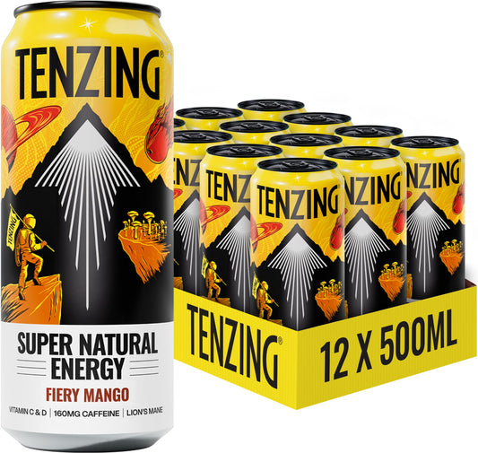 TENZING Super Natural Energy Drink, Fiery Mango, 160MG Caffeine, Vitamin D, Magnesium, Mushrooms, Plant Based, Vegan, & Gluten Free, 500ml (Pack of