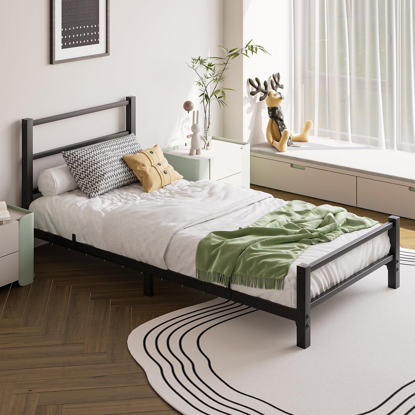 HAHRIR 16cm Low Profile 3ft Single Bed Frame with Metal Headboard, Black