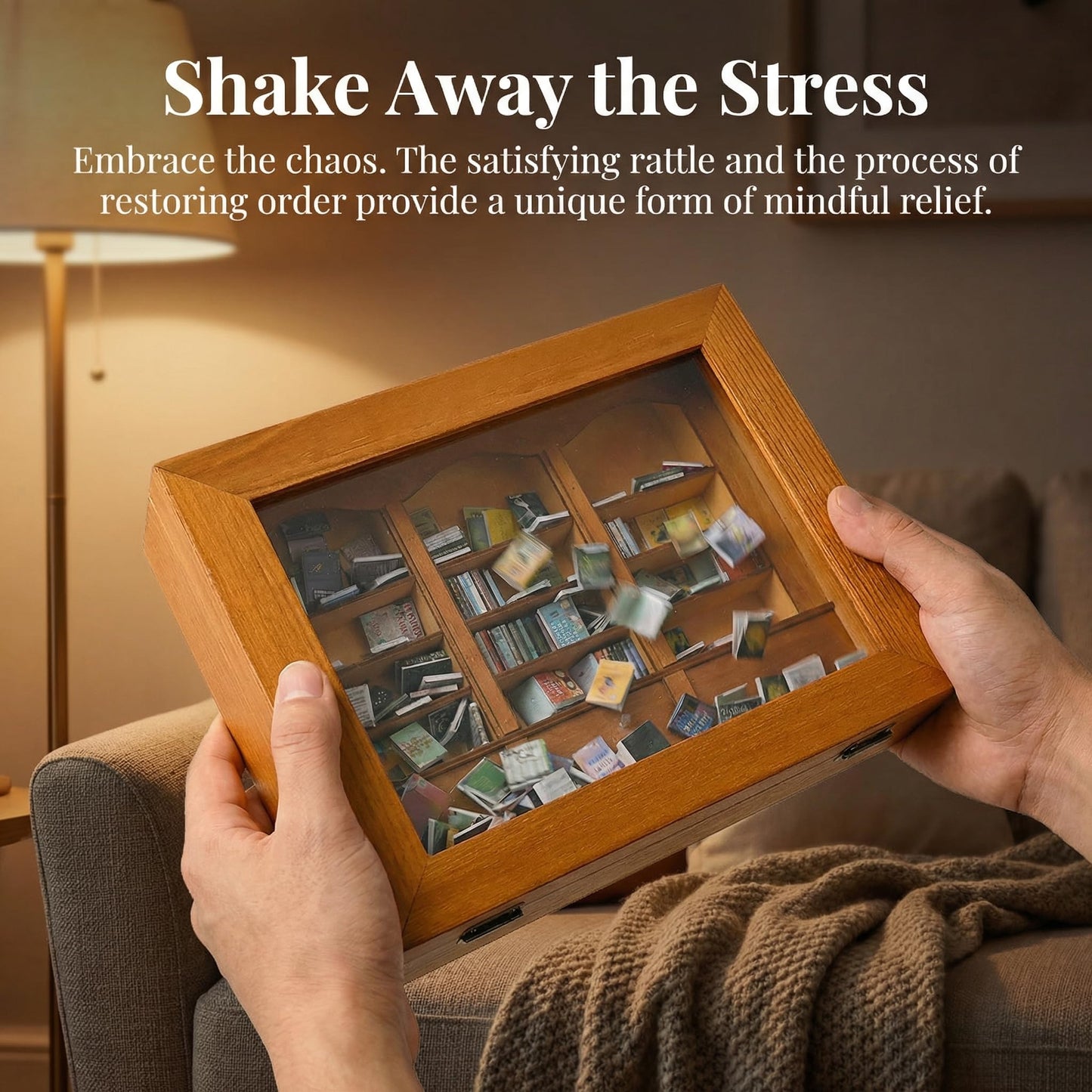 Vurixfo Anxiety Bookshelf, Wood Mini Bookshelf with 200 Pcs Mini Brands Books Shake Away Your Anxiety Miniature Book Display Shelf Stress Relief