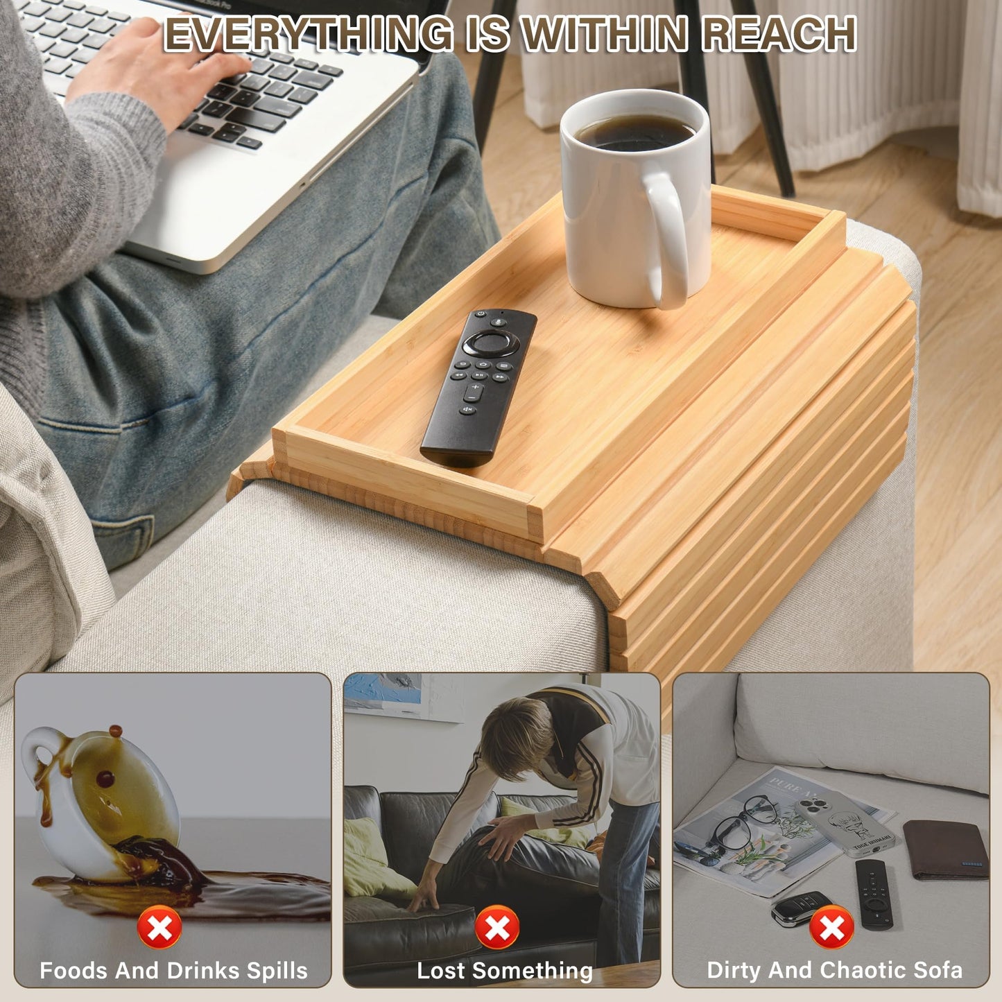 WGNIVOROUS Natural Bamboo Sofa Arm Tray, Armchair Tray, Adjustable Sofa Support, Sofa Side Table for Remote Control, Drink, Snacks, Magazine