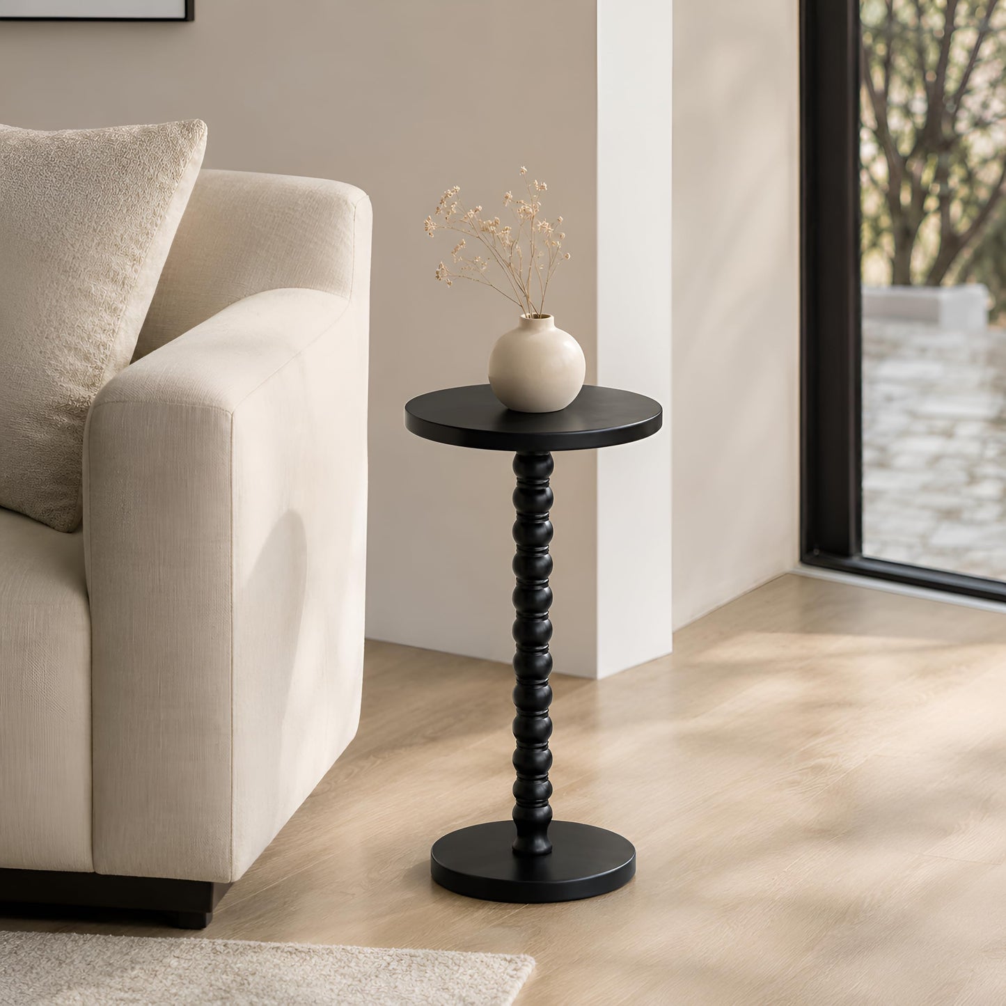 Junistra Round Drink Table, Small Pine Wood Beaded Pedestal Side Table for Sofa, Living Room, Bedroom and Small Spaces, Black