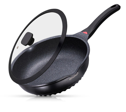 INTIGNIS Premium 28 cm Deep Frying Pan with Lid | Anti-Scratch | Induction Compatible | Non-Stick Interior | Heat Resistant Handle | Perfect for