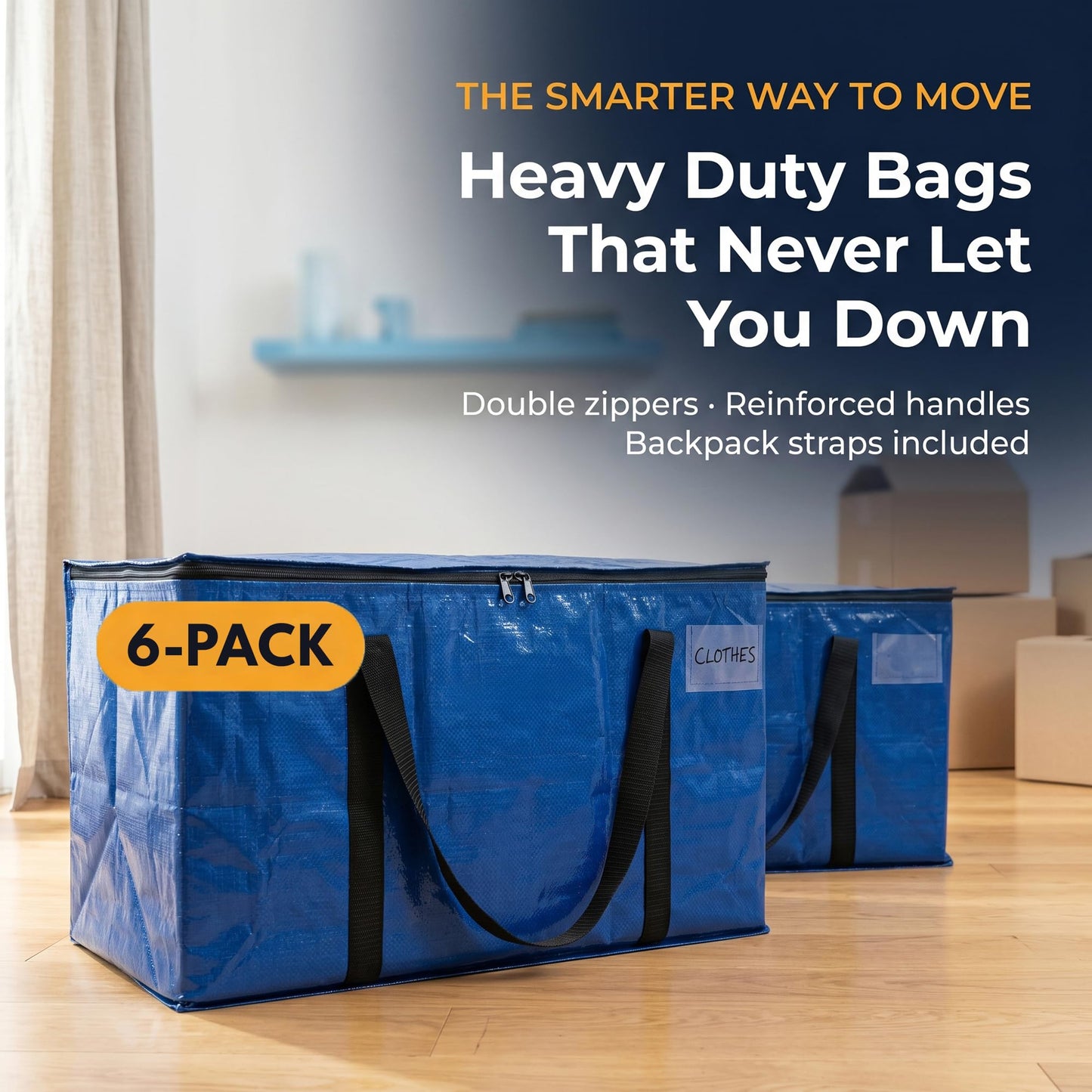 ClearSpace Heavy Duty Moving Bags or Storage Bins with Lids, Blue, 6 Pack