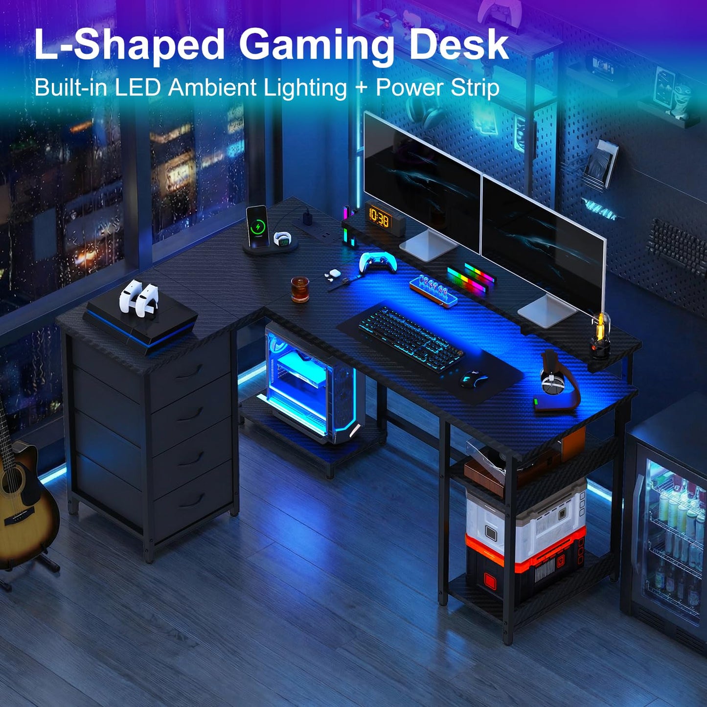 JUMMICO 155cm L‑Shaped Gaming Desk with Monitor Shelf & Power Outlets, Reversible Corner Computer Desk with Drawers & Storage Shelves for Home Office