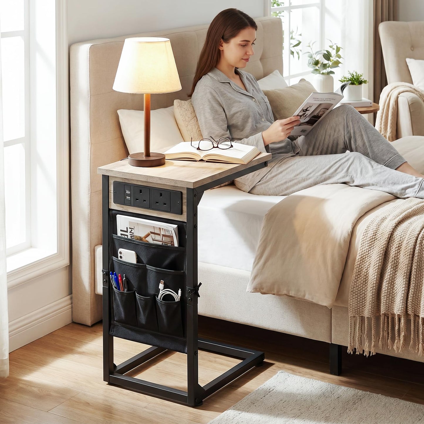 AMHANCIBLE C-Shaped Side Table with Charging Station, Side Table Set of 2