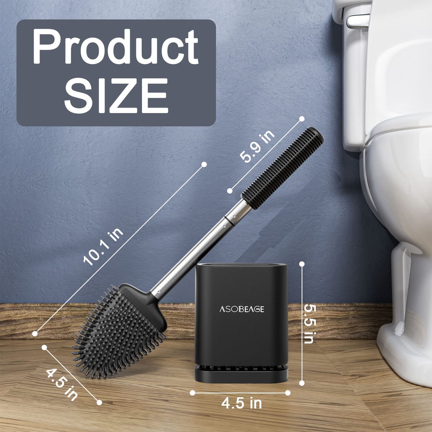 ASOBEAGE Silicone Toilet Brush: Flexible Head, Stainless Steel Handle, Wall-mounted, Quick-drying Holder for Bathroom Clean (Black)