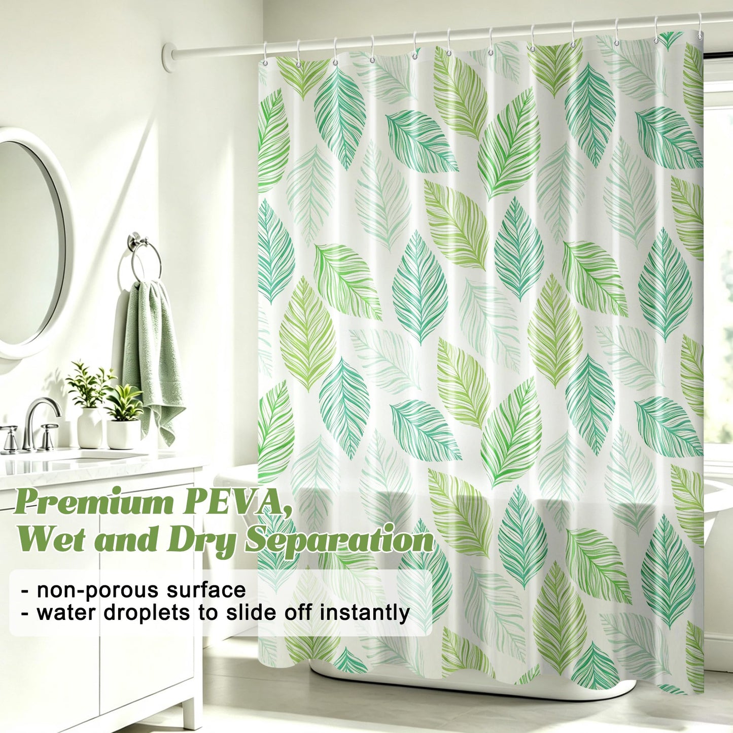 Vllcsla Shower Curtain 180x180 cm Green Leaves, PEVA Extra Long Wet Room Bathtub Curtain, Waterproof Longer Length Bathroom Curtains 180 to 240 cm