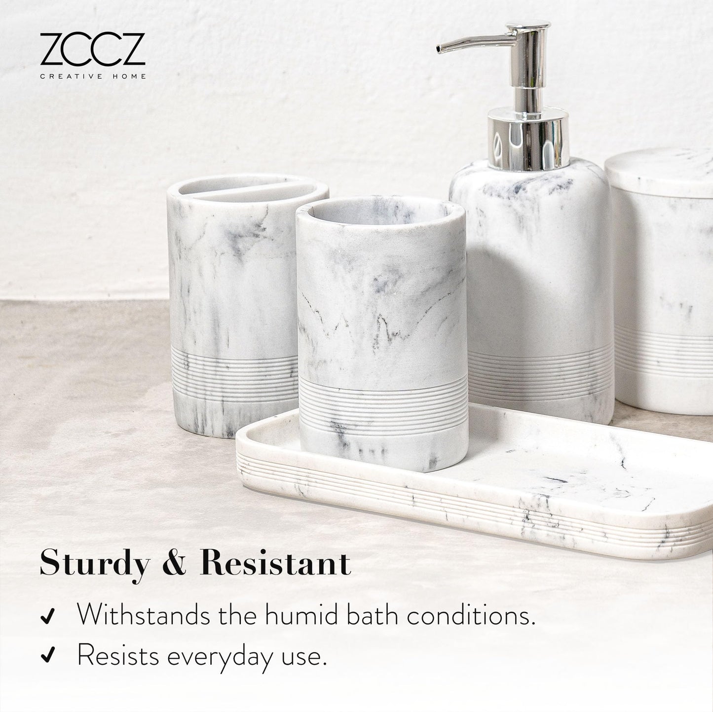 ZCCZ White Bathroom Accessory Set 6 Pieces - Organiser With Toothbrush Holder, Lotion Soap Dispenser, Vanity Tray and 2 Q-tip Holders